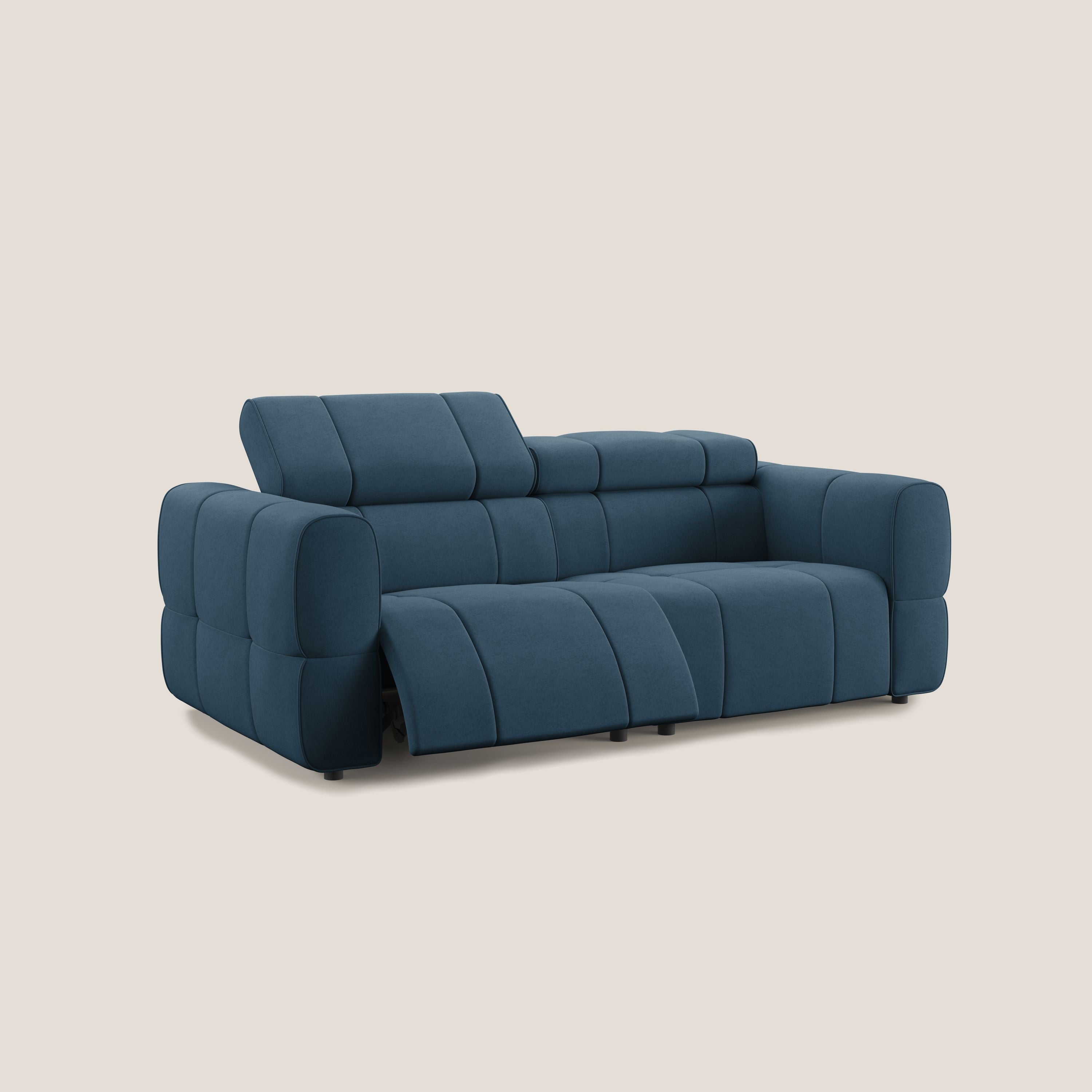 Giotto Divano modulare con opzione relax elettrico in microfibra effetto velluto impermeabile T09 blu - divani.store