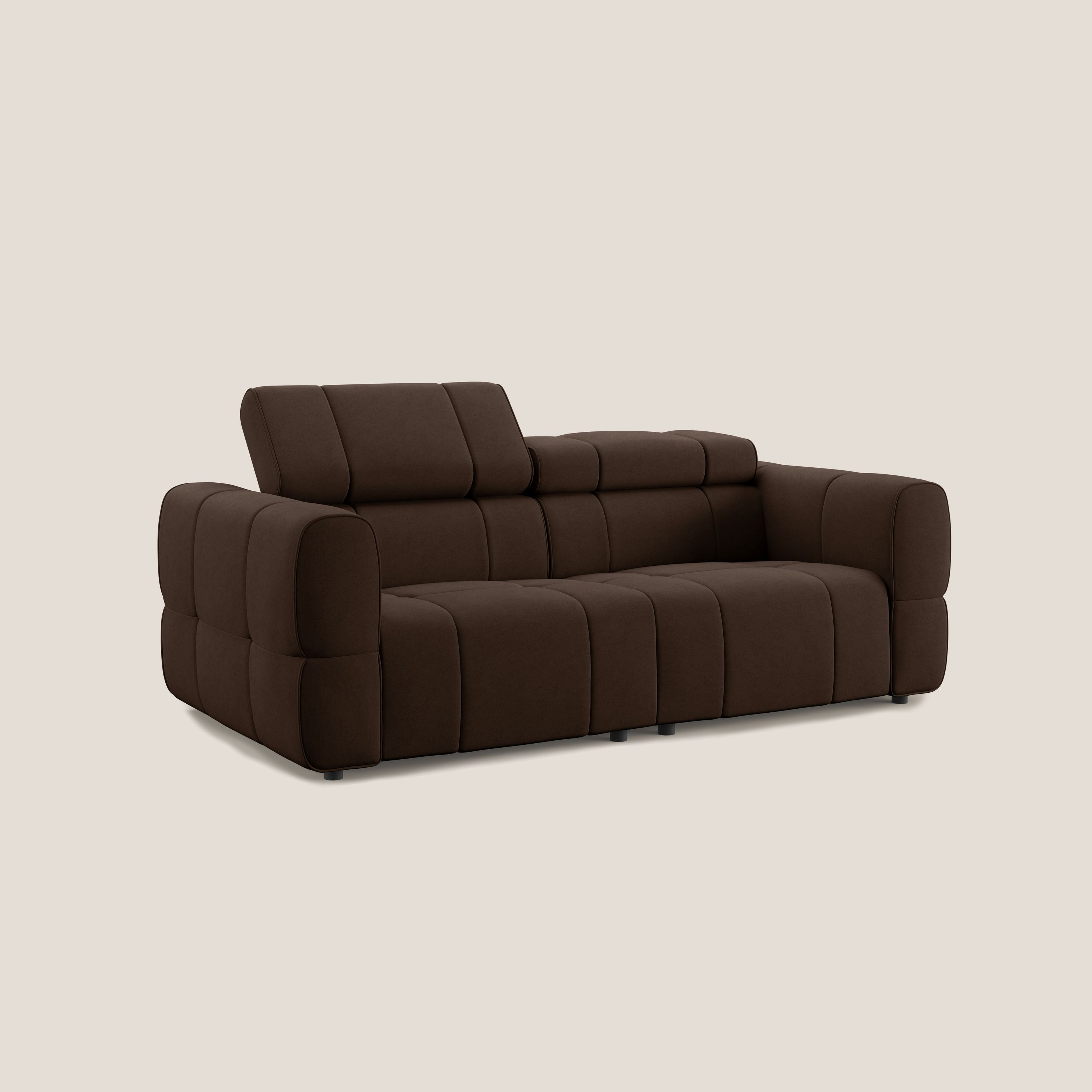 Giotto Divano modulare con opzione relax elettrico in microfibra effetto velluto impermeabile T09 marrone - divani.store