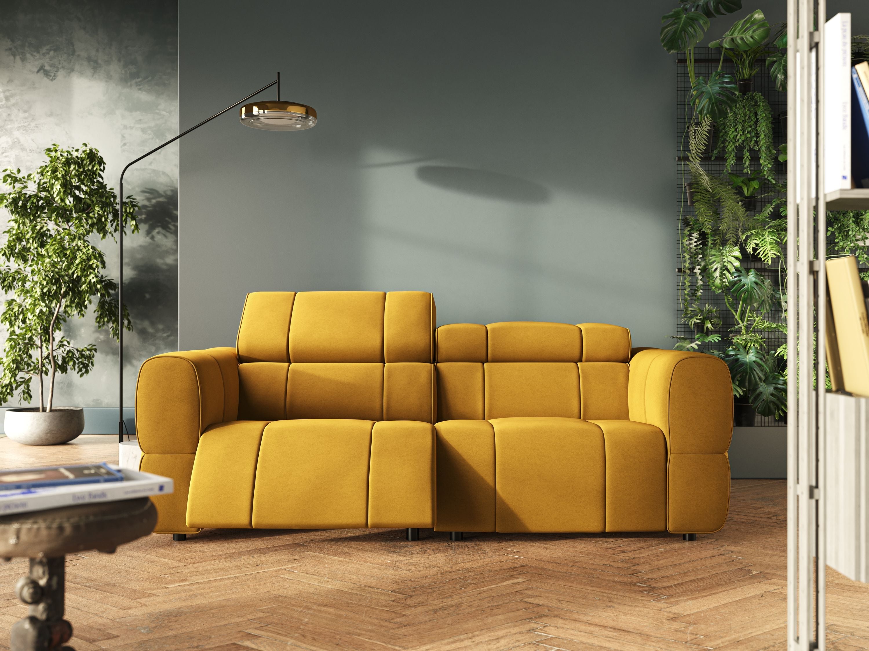 Giotto Divano modulare con opzione relax elettrico in microfibra effetto velluto impermeabile T09 giallo - divani.store