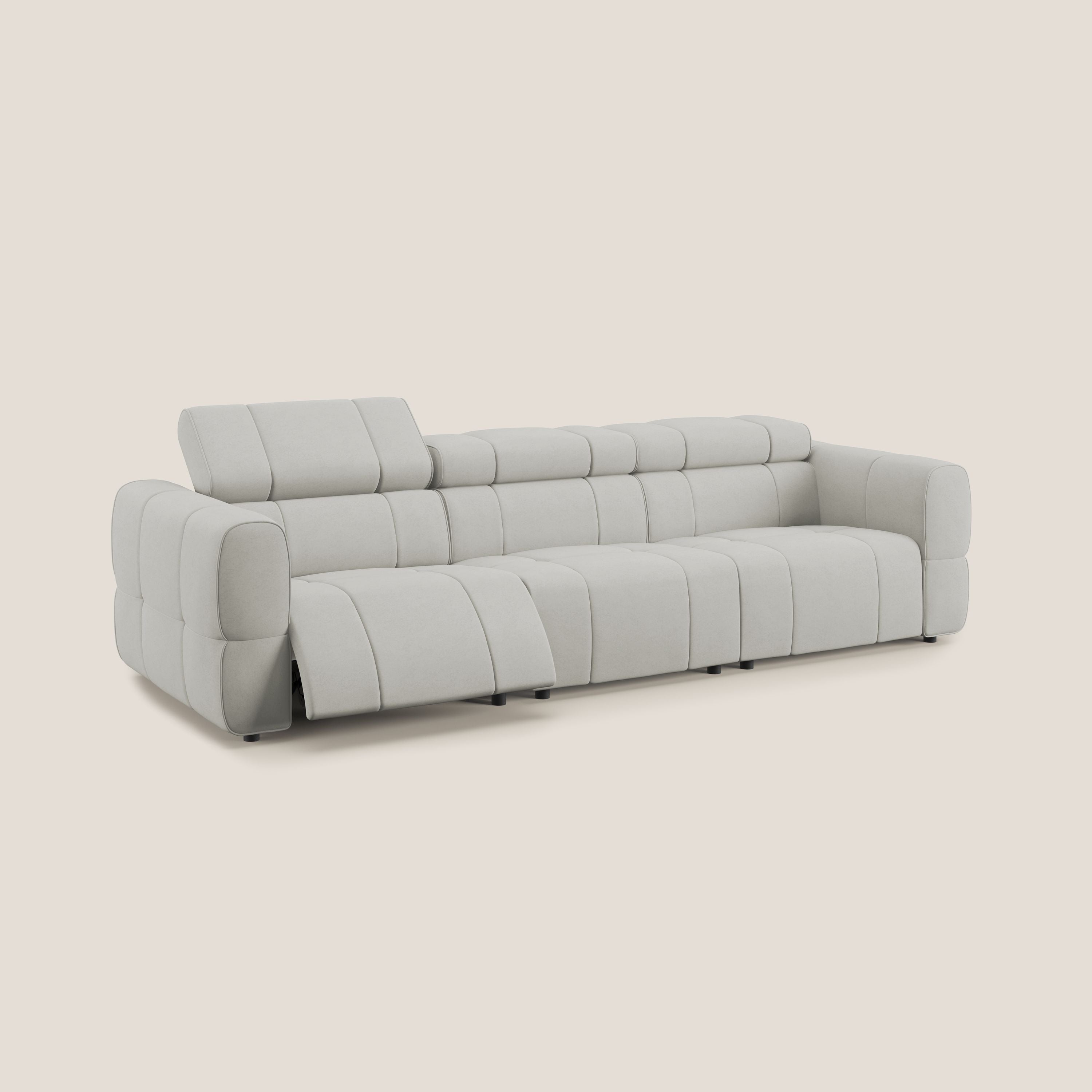 Giotto Divano modulare a 3 sedute con opzione relax elettrico in microfibra effetto velluto impermeabile T09 panna - divani.store