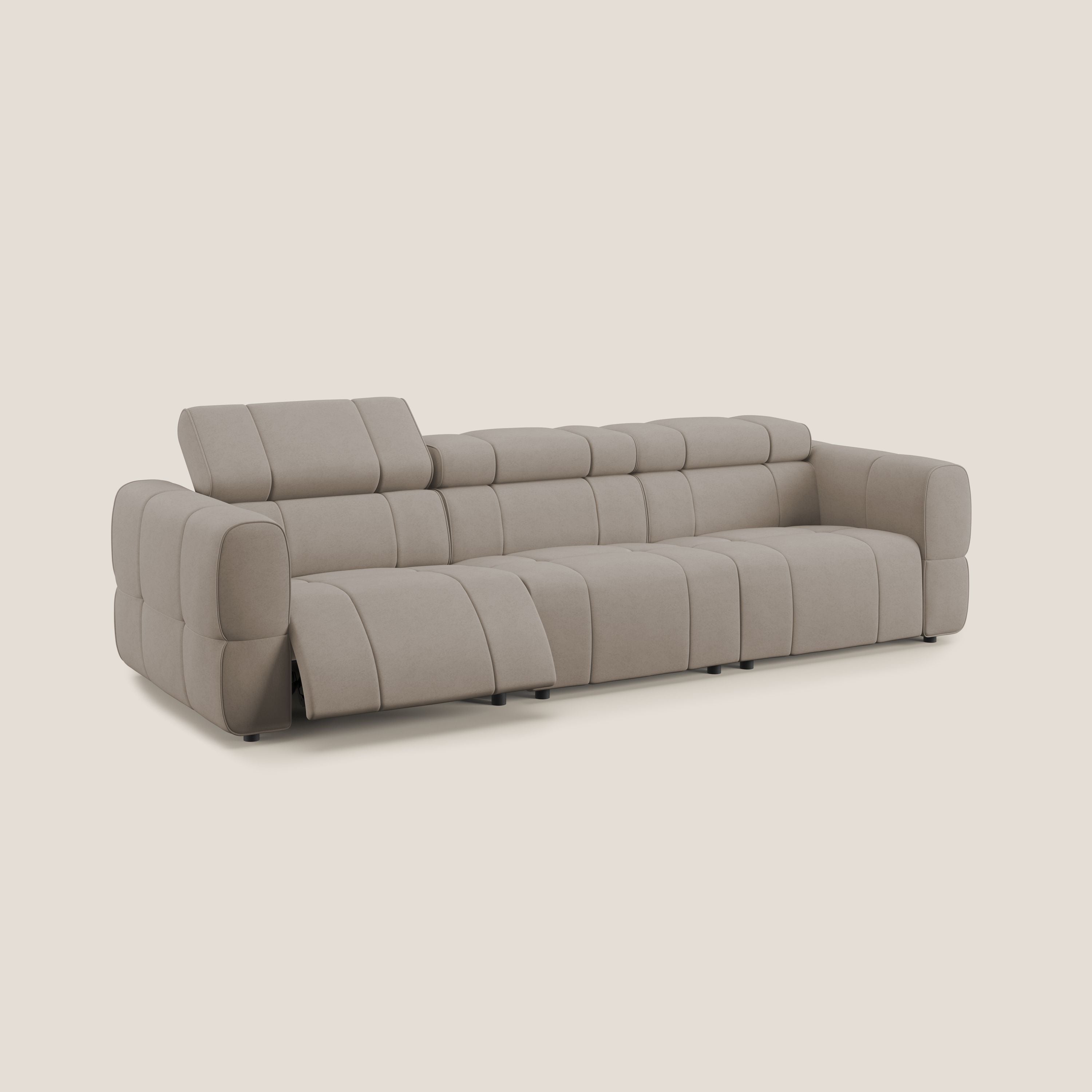 Giotto Divano modulare a 3 sedute con opzione relax elettrico in microfibra effetto velluto impermeabile T09 tortora - divani.store