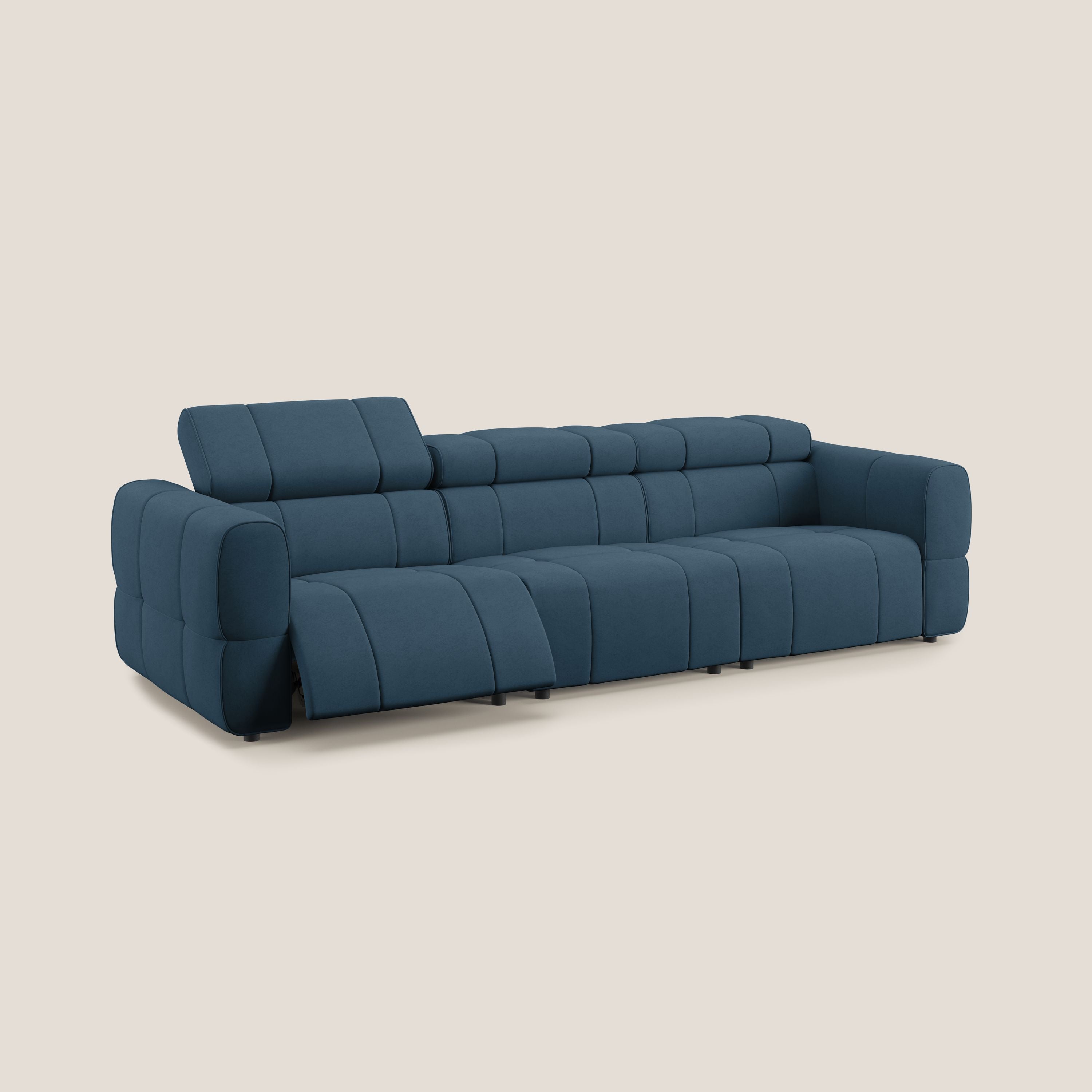 Giotto Divano modulare a 3 sedute con opzione relax elettrico in microfibra effetto velluto impermeabile T09 blu - divani.store