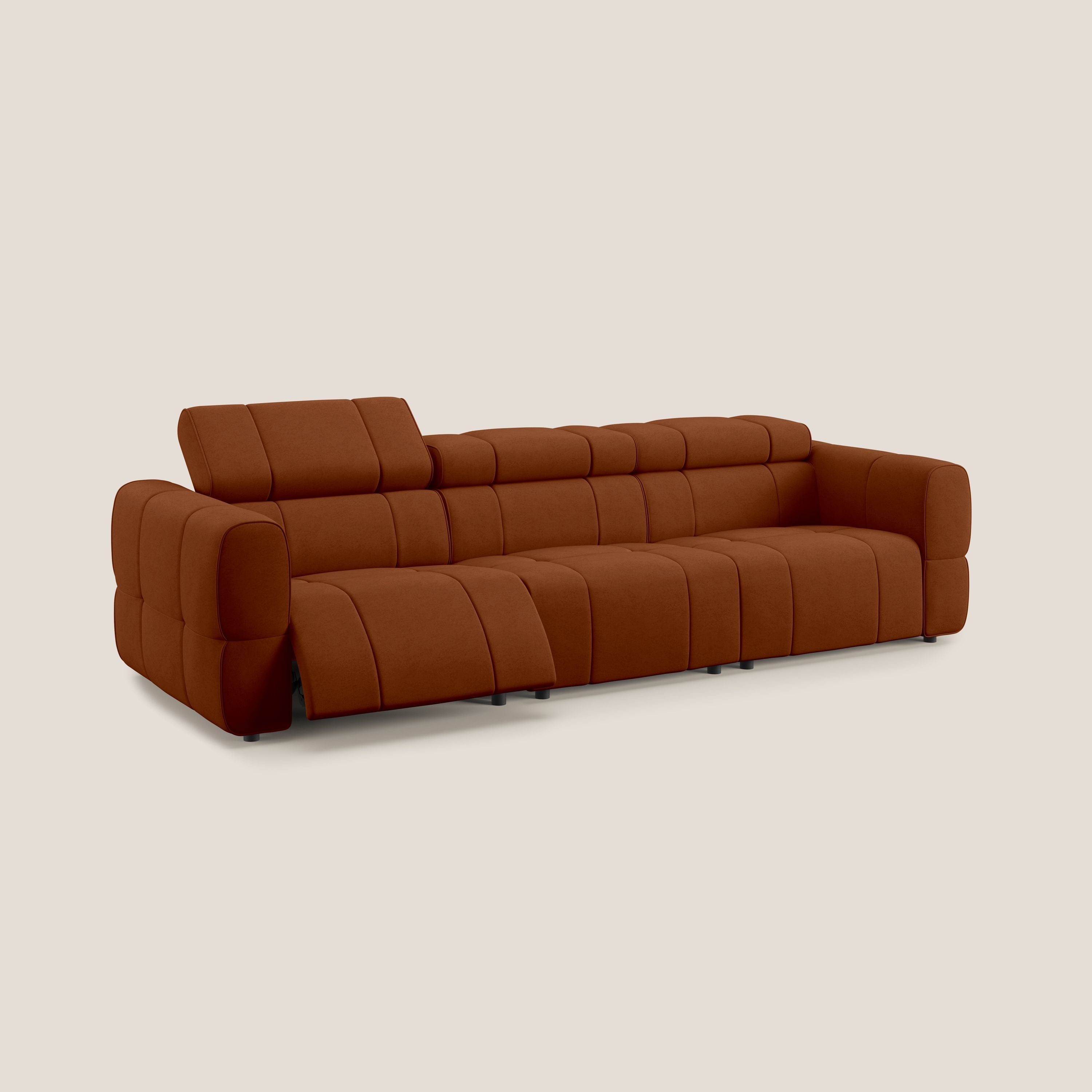 Giotto Divano modulare a 3 sedute con opzione relax elettrico in microfibra effetto velluto impermeabile T09 ruggine - divani.store