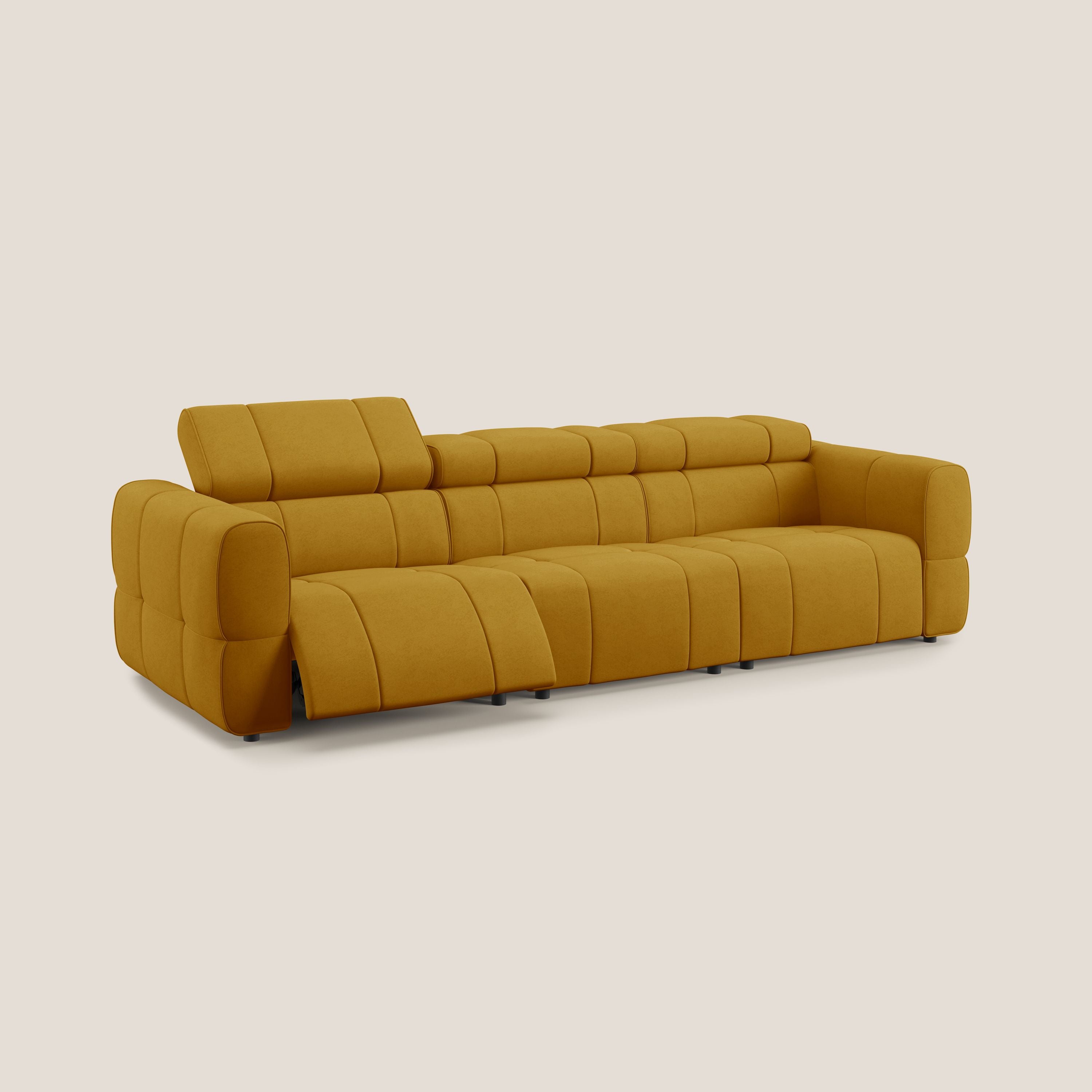 Giotto Divano modulare a 3 sedute con opzione relax elettrico in microfibra effetto velluto impermeabile T09 giallo - divani.store