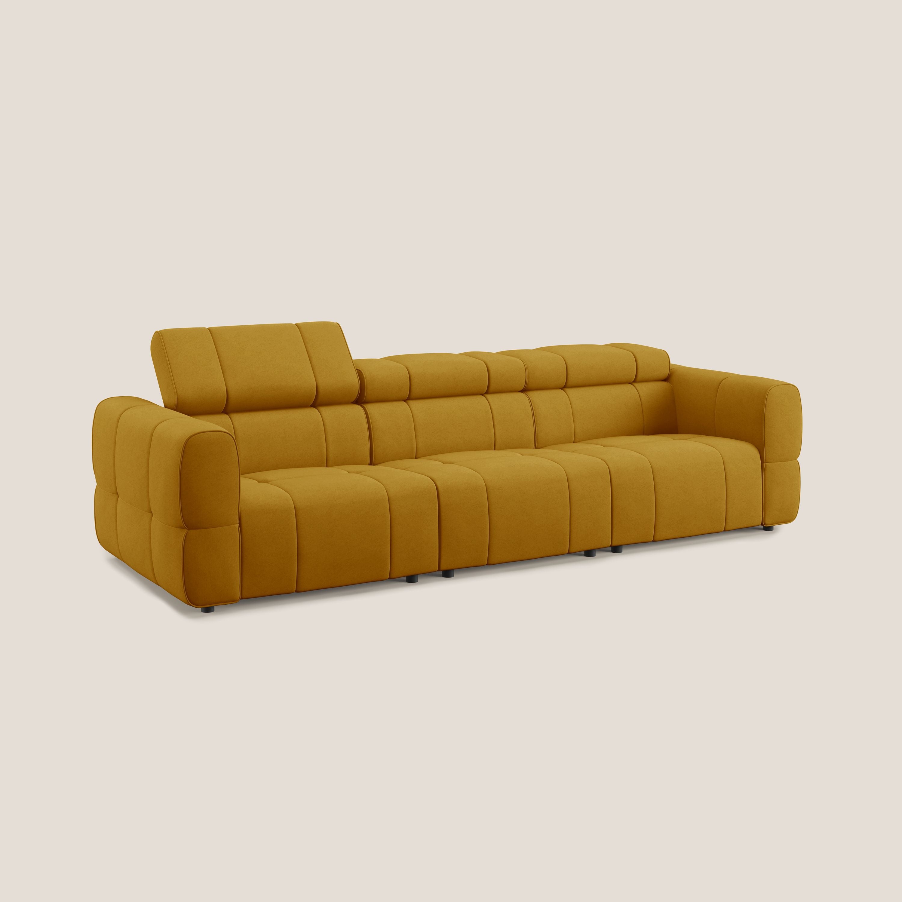 Giotto Divano modulare a 3 sedute con opzione relax elettrico in microfibra effetto velluto impermeabile T09 giallo - divani.store