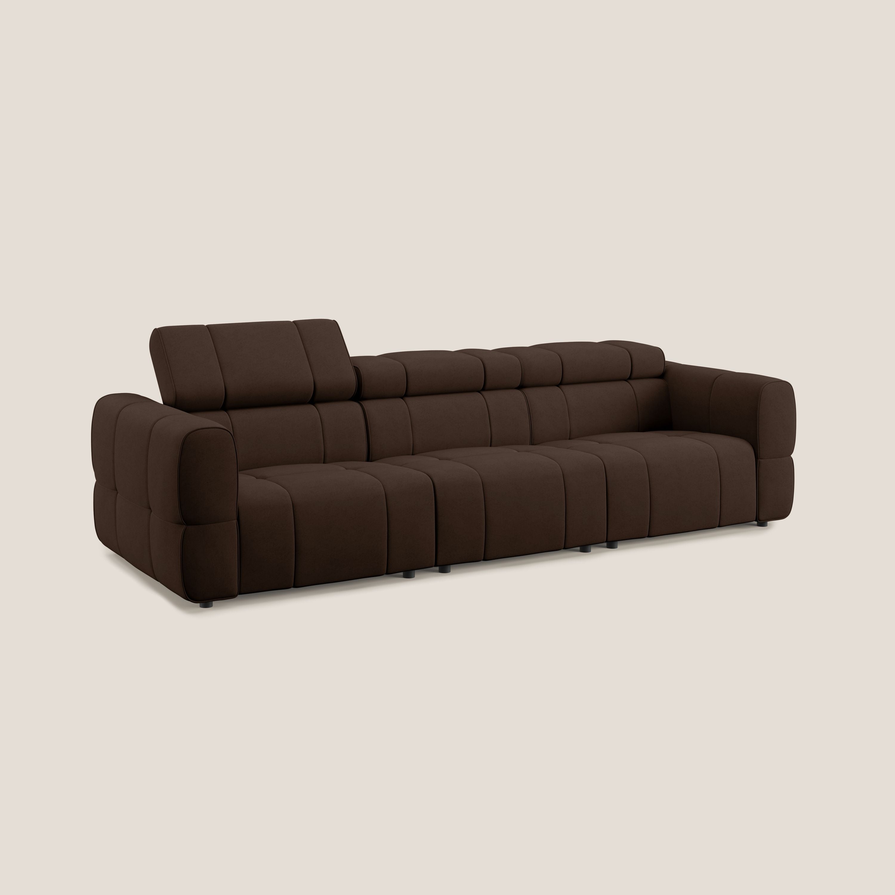 Giotto Divano modulare a 3 sedute con opzione relax elettrico in microfibra effetto velluto impermeabile T09 marrone - divani.store