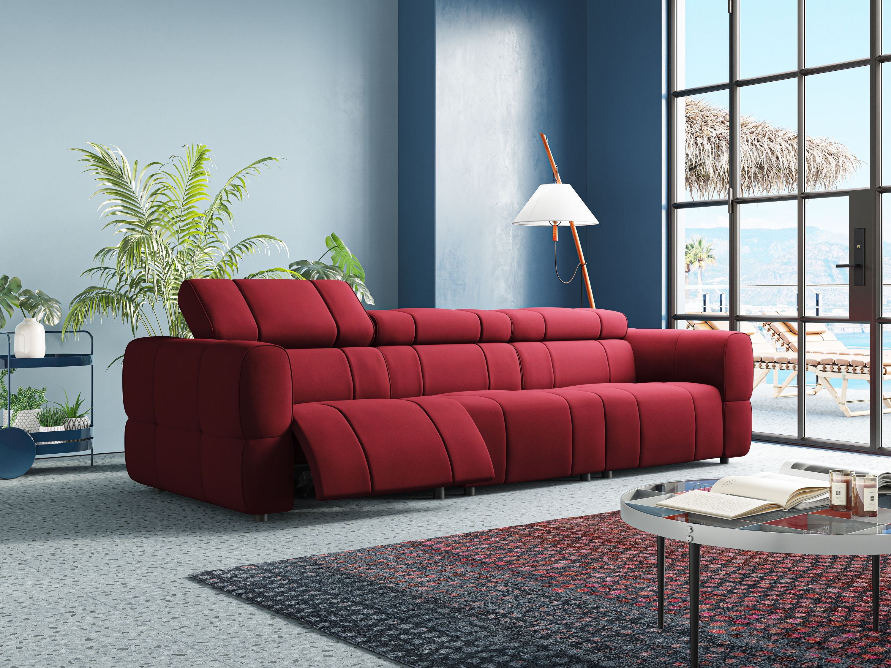 Giotto Divano modulare a 3 sedute con opzione relax elettrico in microfibra effetto velluto impermeabile T09 rosso - divani.store