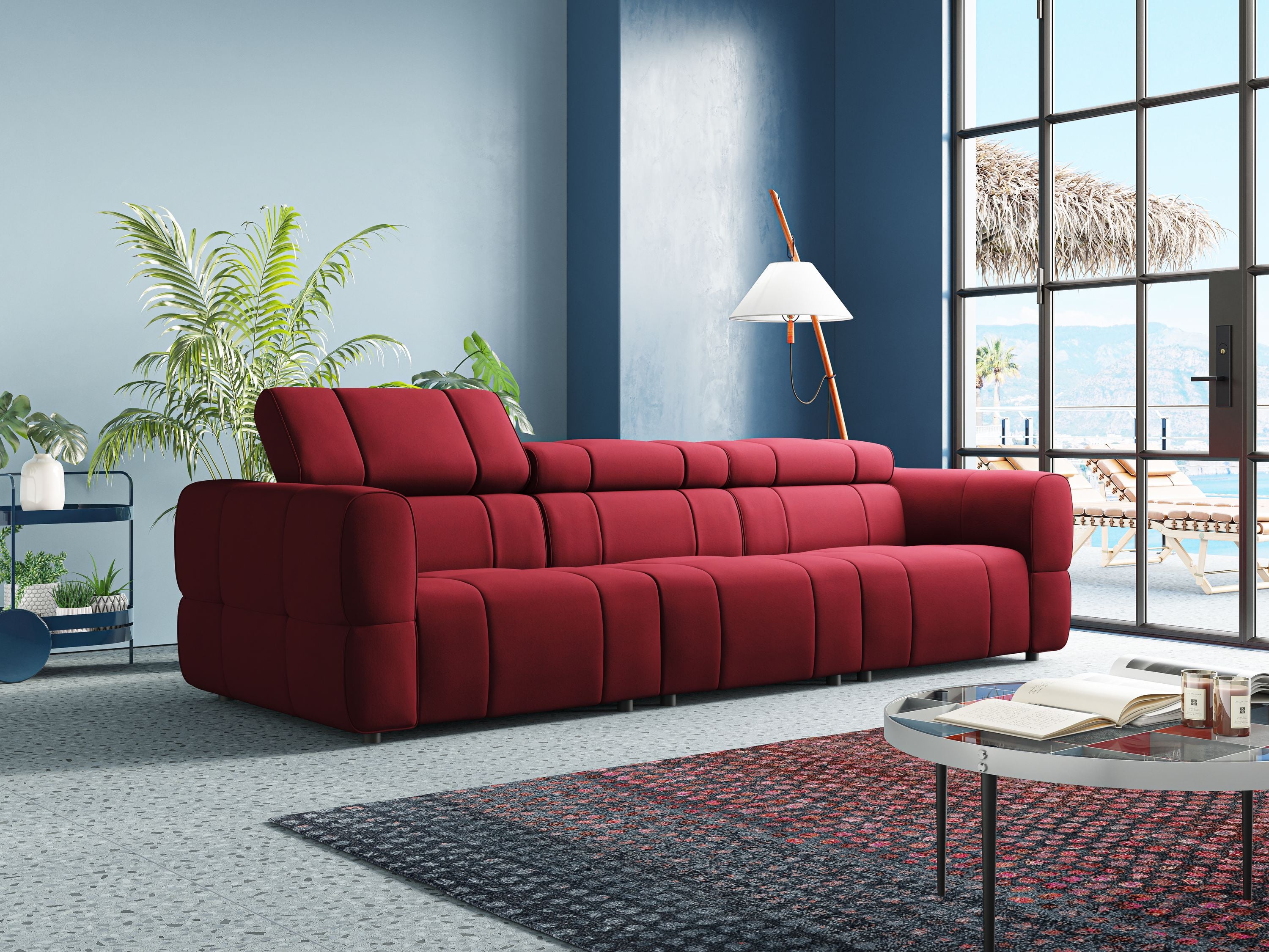 Giotto Divano modulare a 3 sedute con opzione relax elettrico in microfibra effetto velluto impermeabile T09 rosso - divani.store