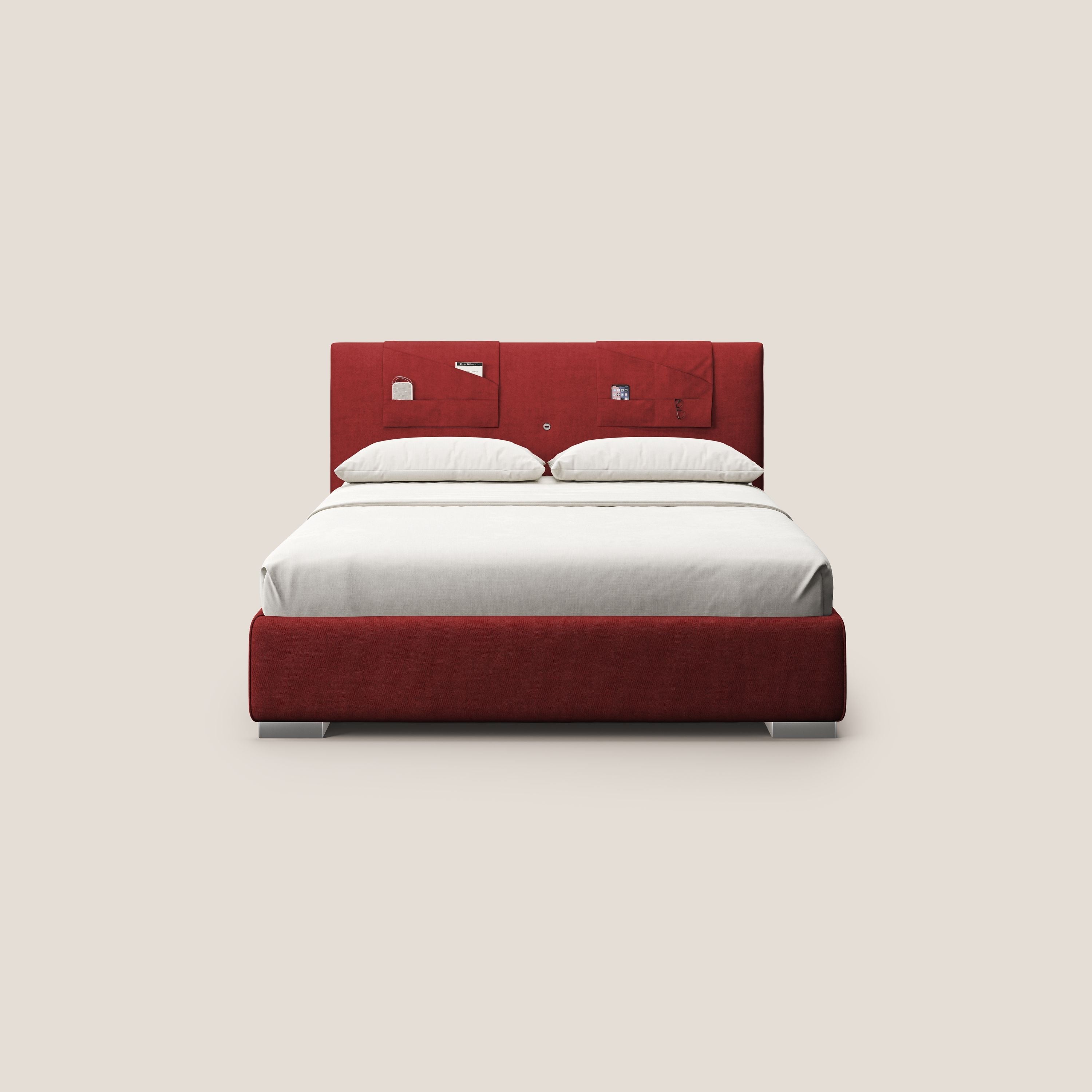 Horus letto imbottito contenitore e presa USB sulla testata in tessuto impermeabile T02 rosso - divani.store