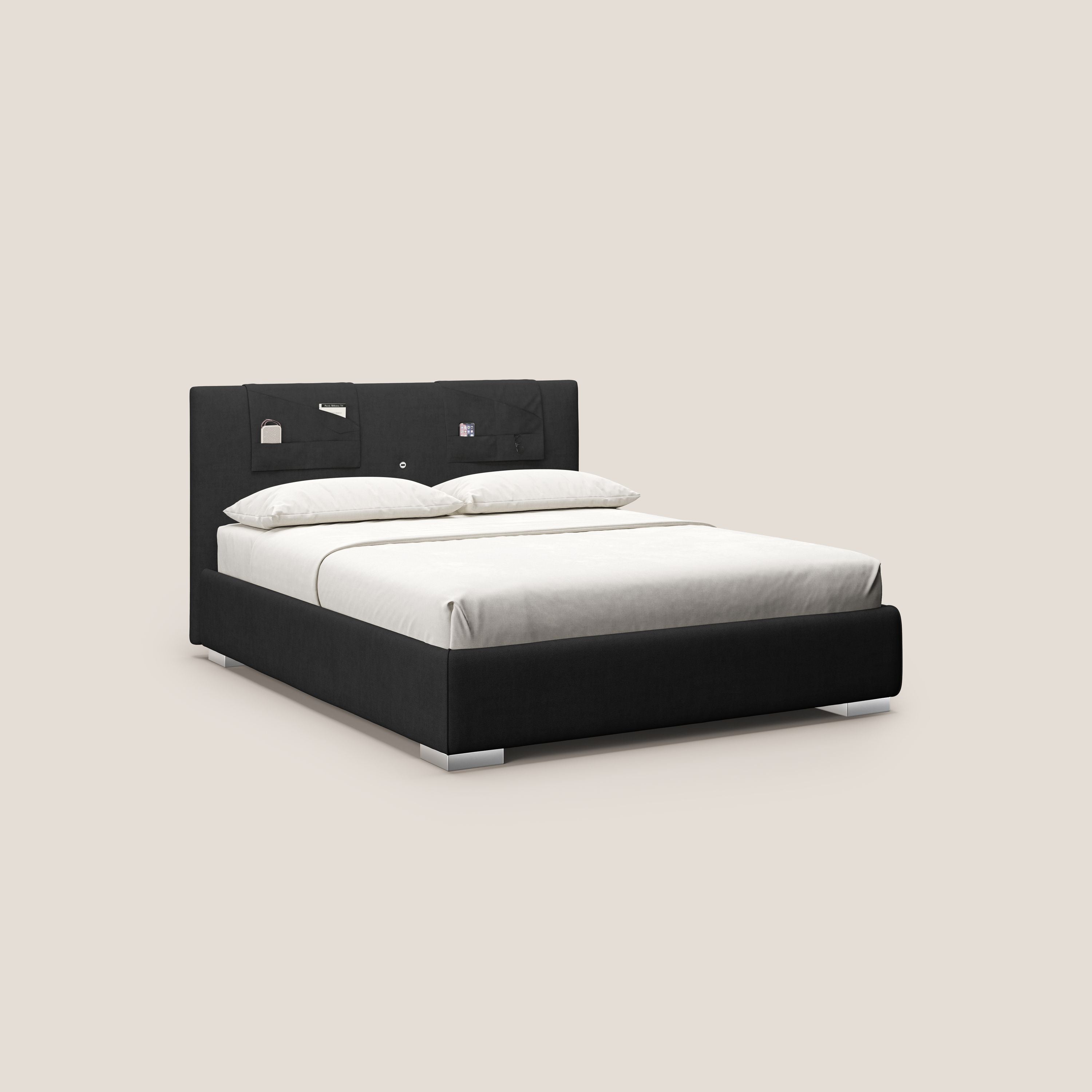 Horus letto imbottito contenitore e presa USB sulla testata in tessuto impermeabile T02 nero - divani.store