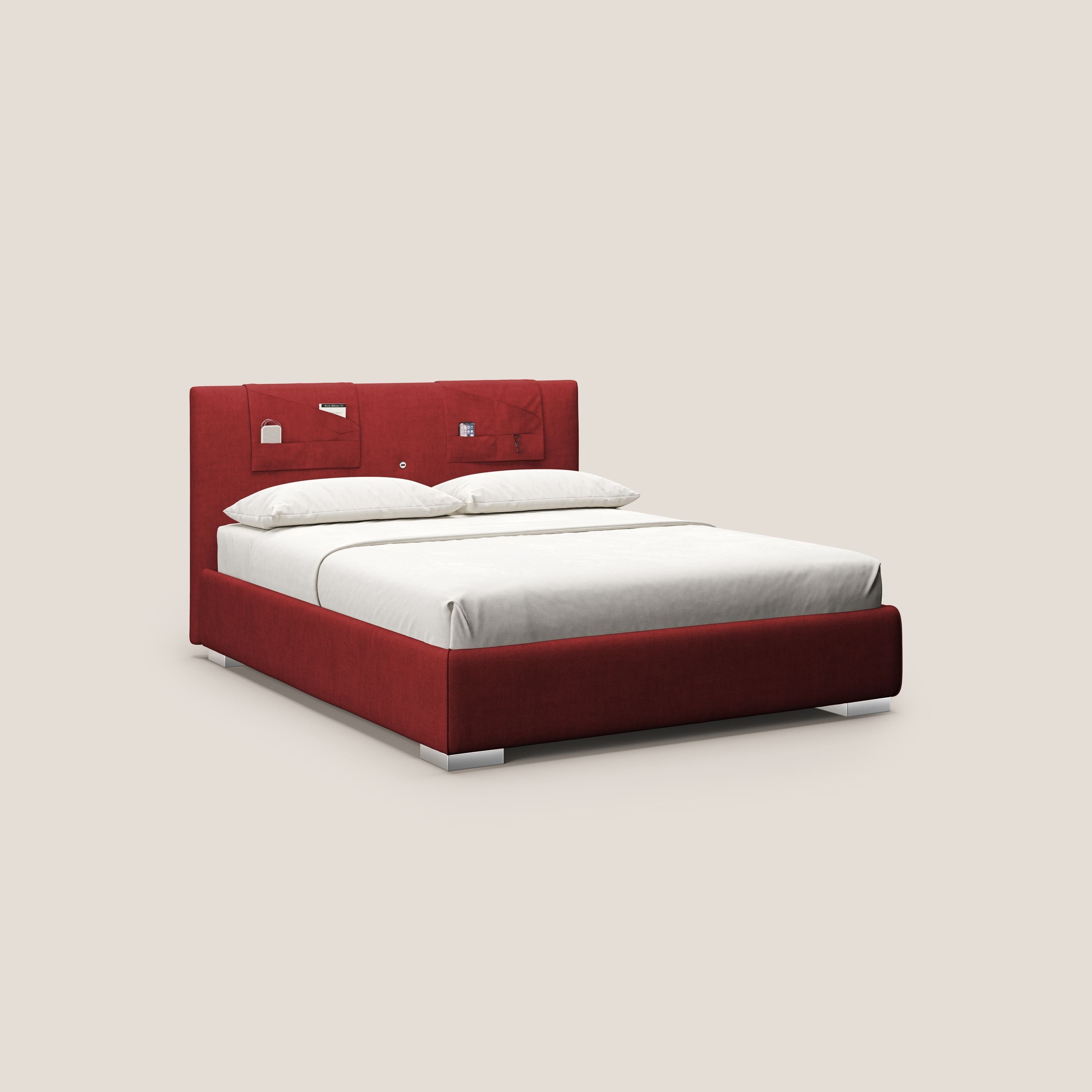 Horus letto imbottito contenitore e presa USB sulla testata in tessuto impermeabile T02 rosso - divani.store