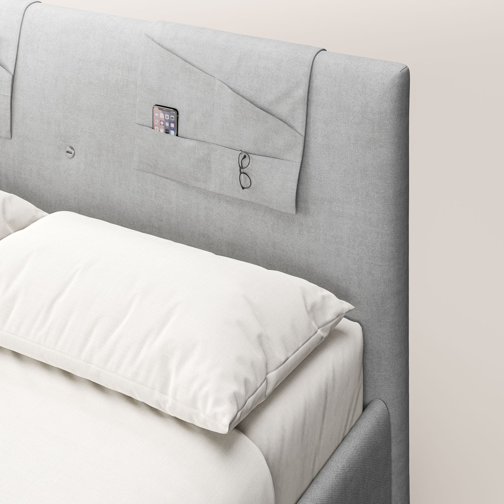 Horus lit rembourré avec coffre et prise USB sur la tête de lit en tissu imperméable T02