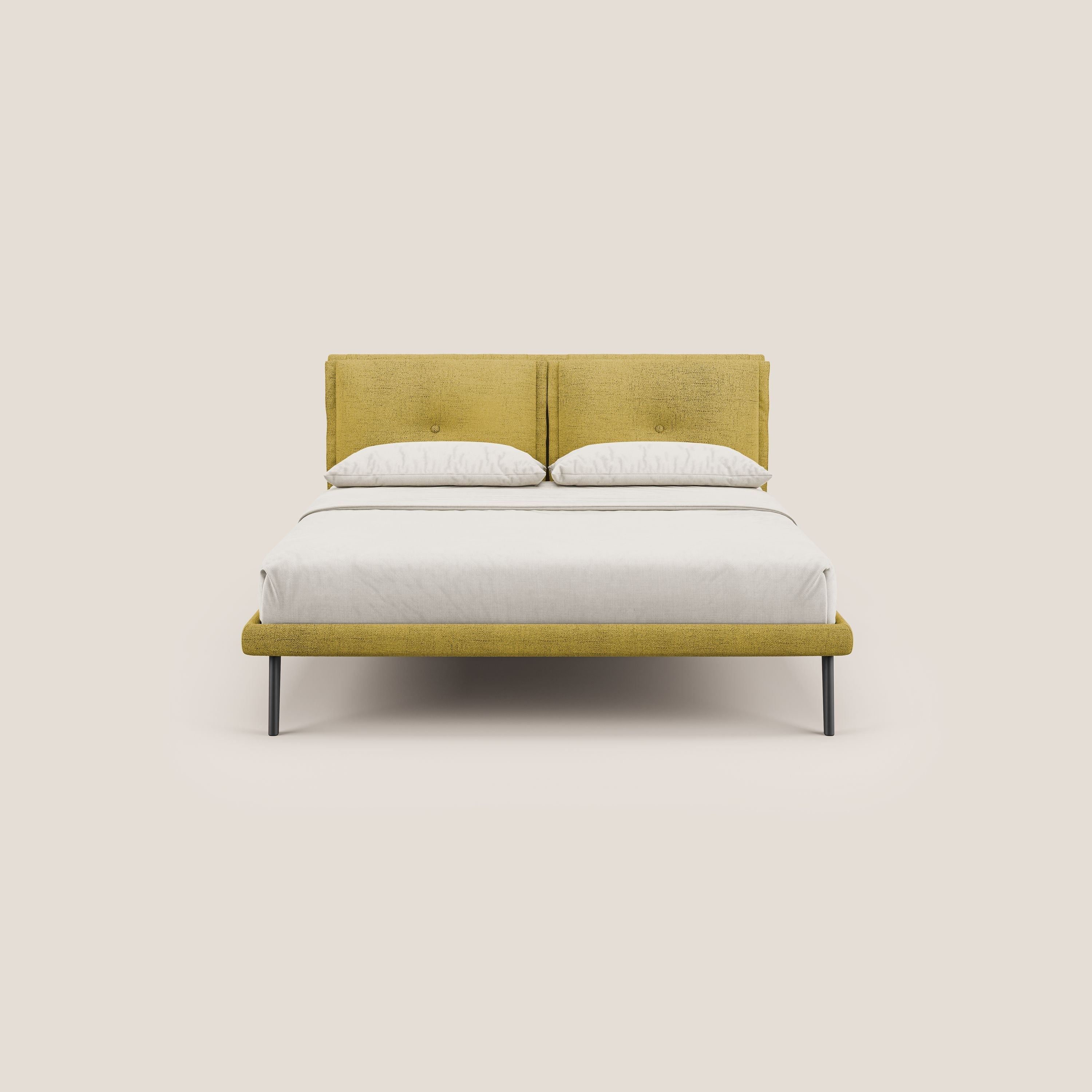 Ibuki letto con cuscini trapuntati regolabili e piedi in mogano in tessuto fiammato impermeabile T03 giallo - divani.store