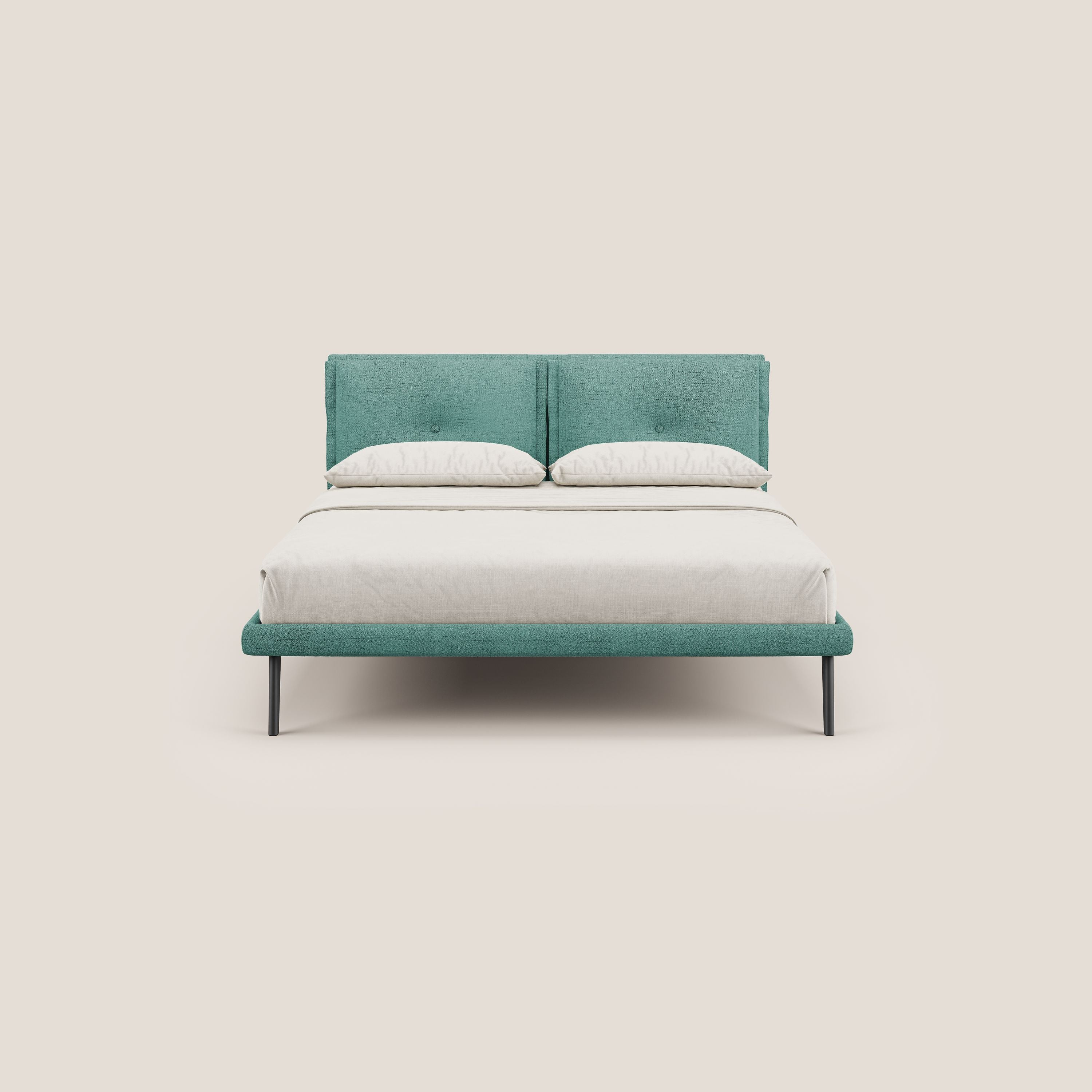 Ibuki letto con cuscini trapuntati regolabili e piedi in mogano in tessuto fiammato impermeabile T03 verde acqua - divani.store