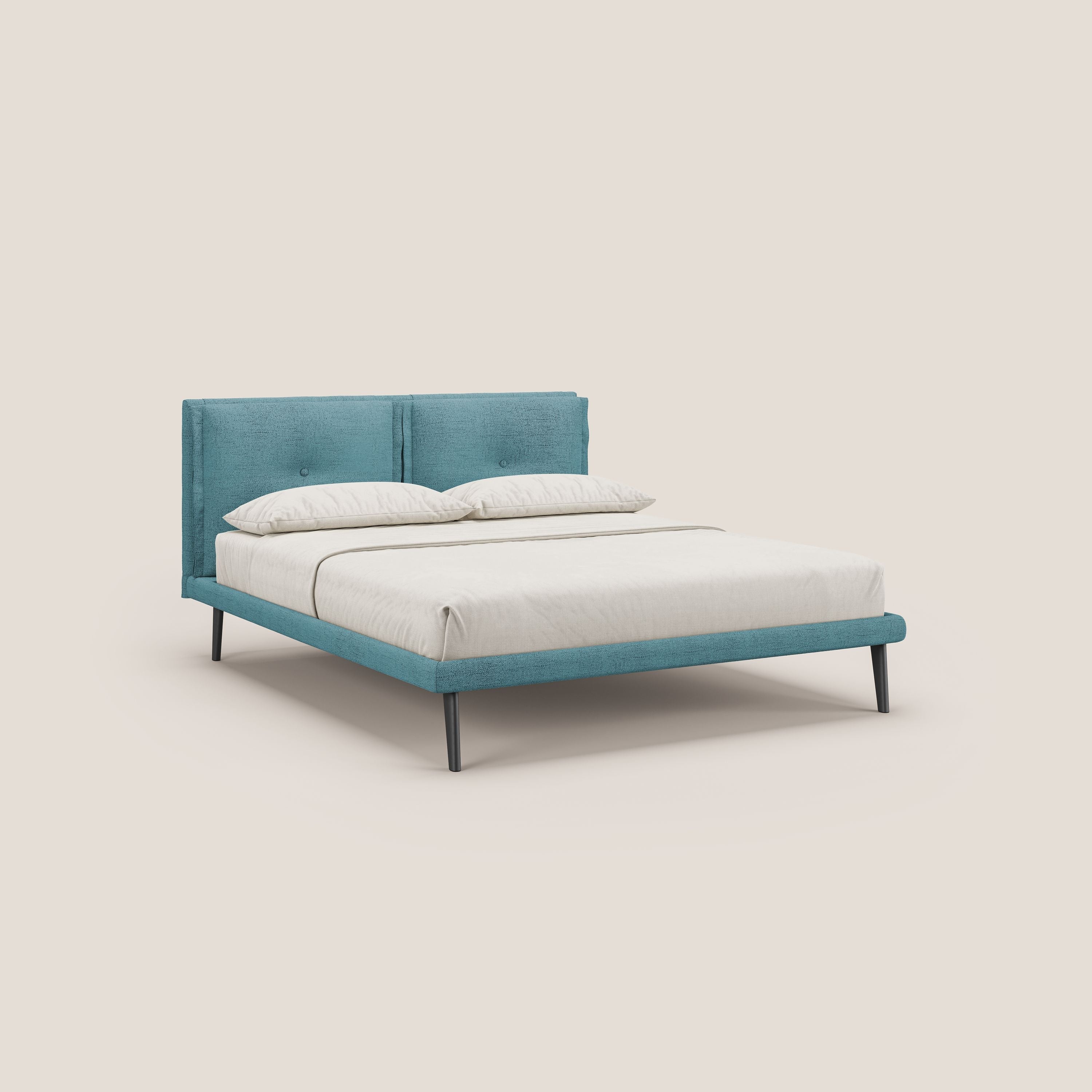 Ibuki letto con cuscini trapuntati regolabili e piedi in mogano in tessuto fiammato impermeabile T03 azzurro - divani.store