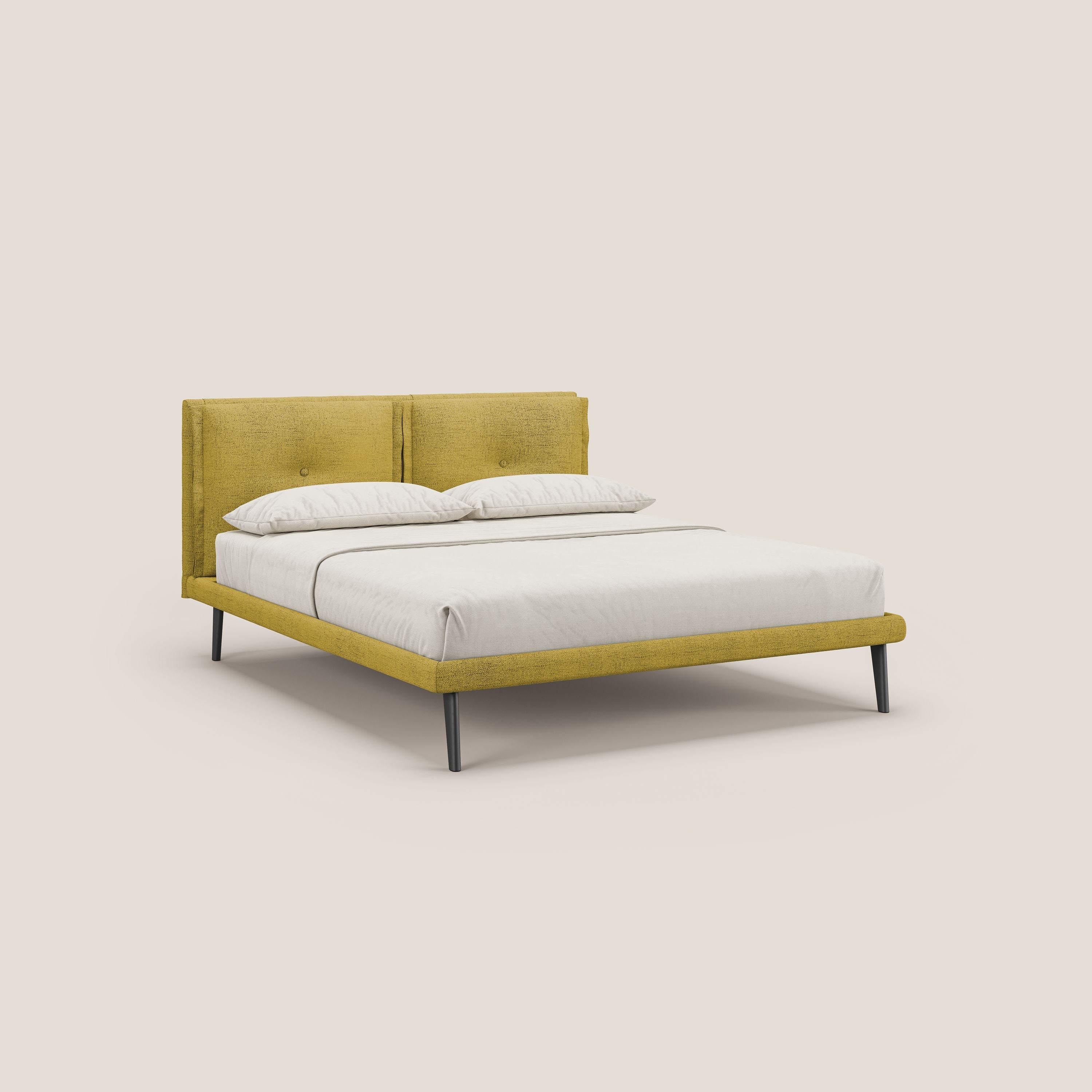 Ibuki letto con cuscini trapuntati regolabili e piedi in mogano in tessuto fiammato impermeabile T03 giallo - divani.store