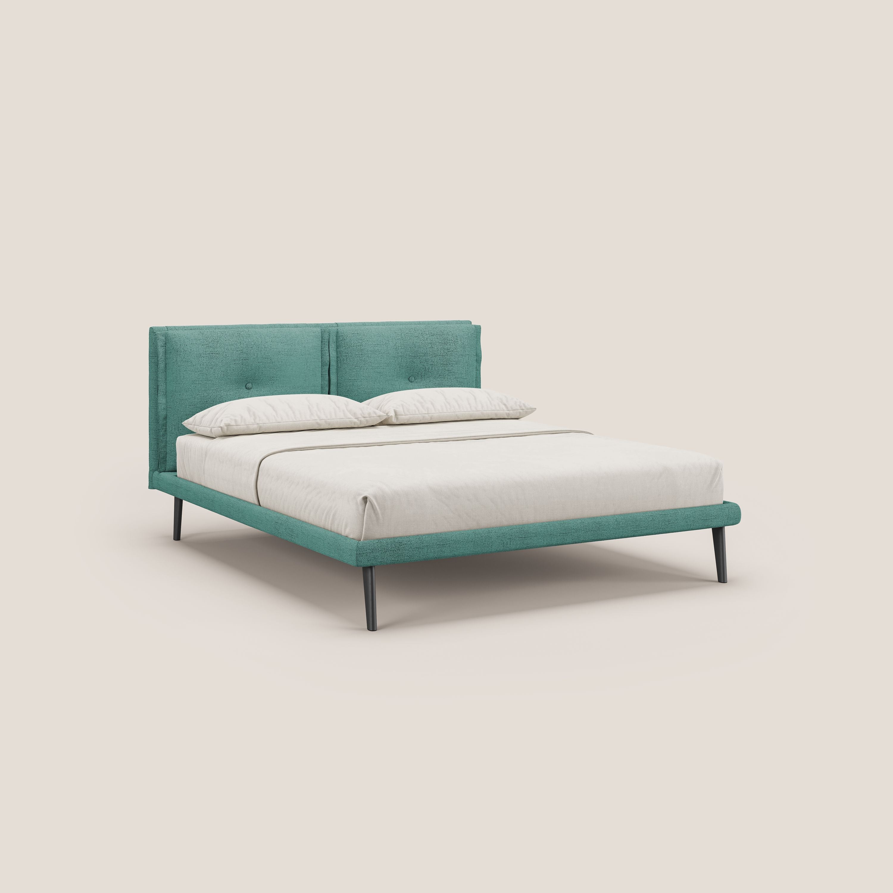 Ibuki letto con cuscini trapuntati regolabili e piedi in mogano in tessuto fiammato impermeabile T03 verde acqua - divani.store
