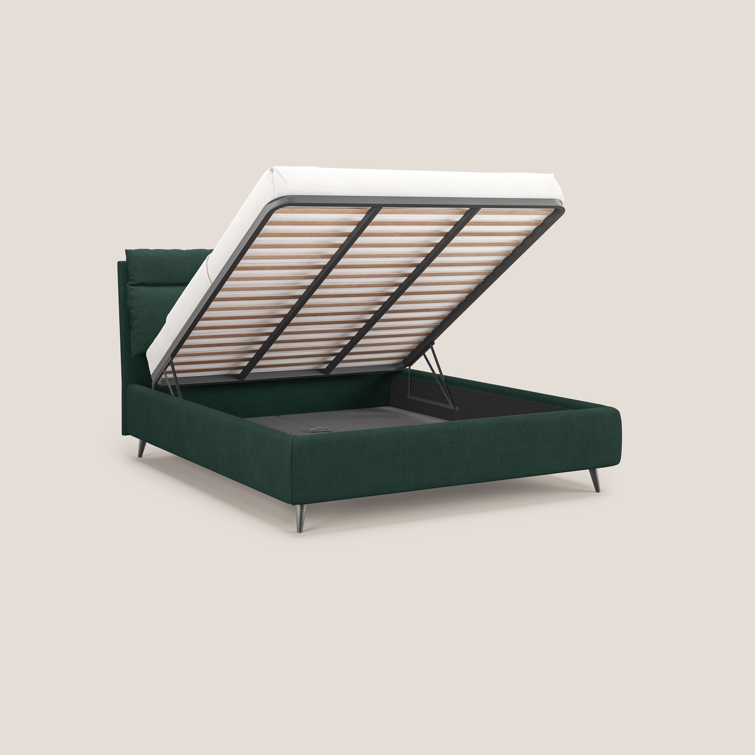 Jerry letto imbottito contenitore e cuscini reclinabili in tessuto smacchiabile T17 verde - divani.store