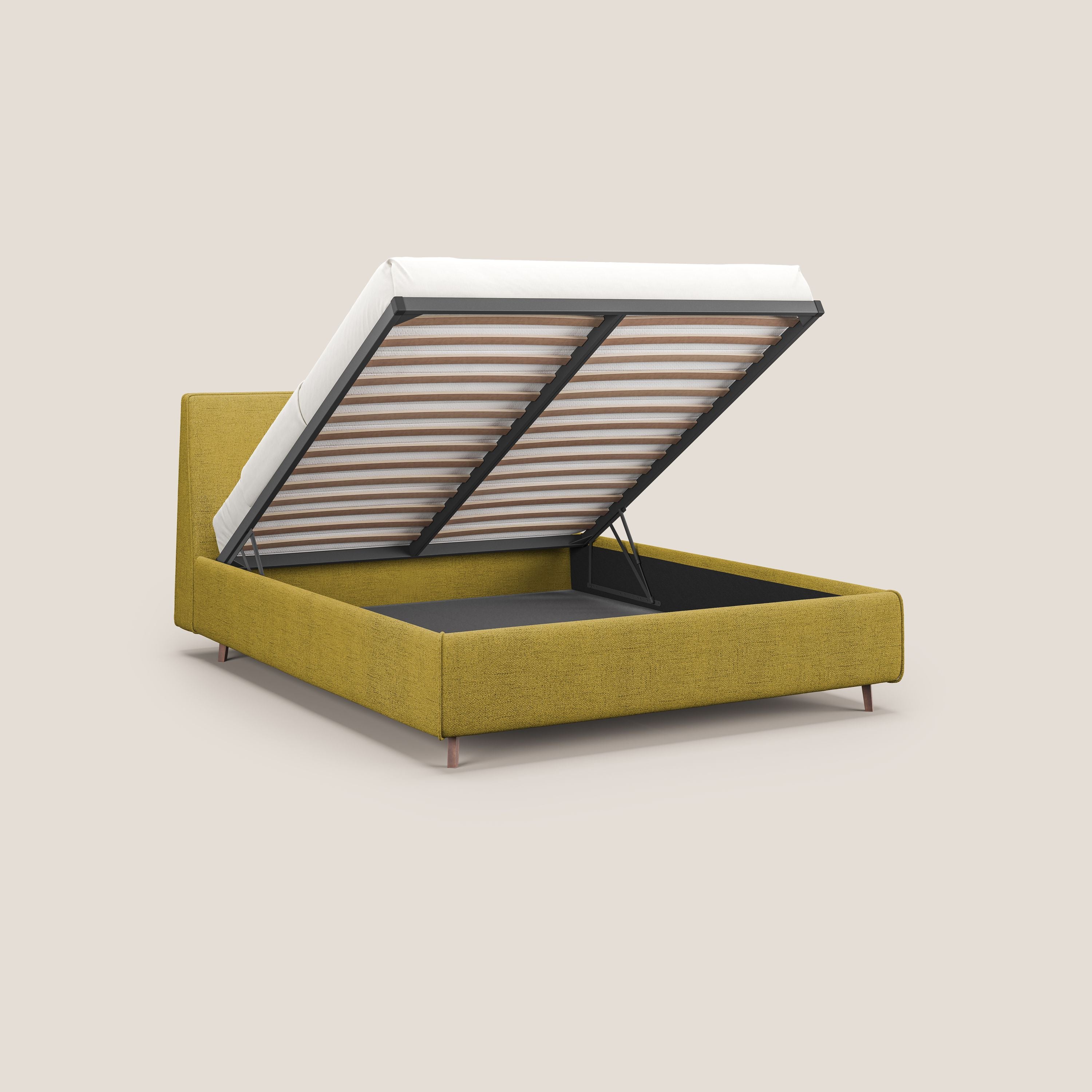 Justin letto imbottito contenitore e sfoderabile in tessuto fiammato impermeabile T03 giallo - divani.store