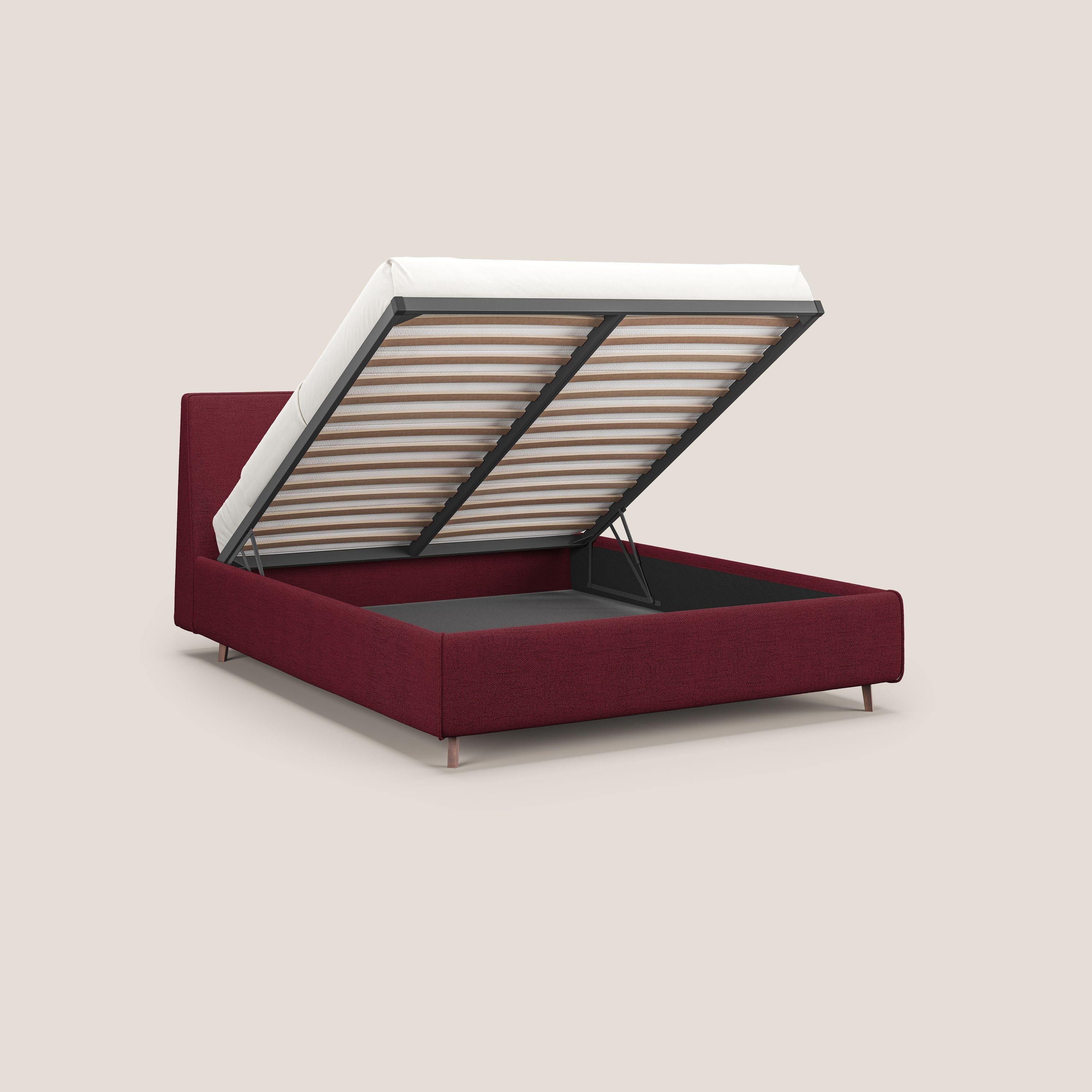 Justin letto imbottito contenitore e sfoderabile in tessuto fiammato impermeabile T03 rosso - divani.store