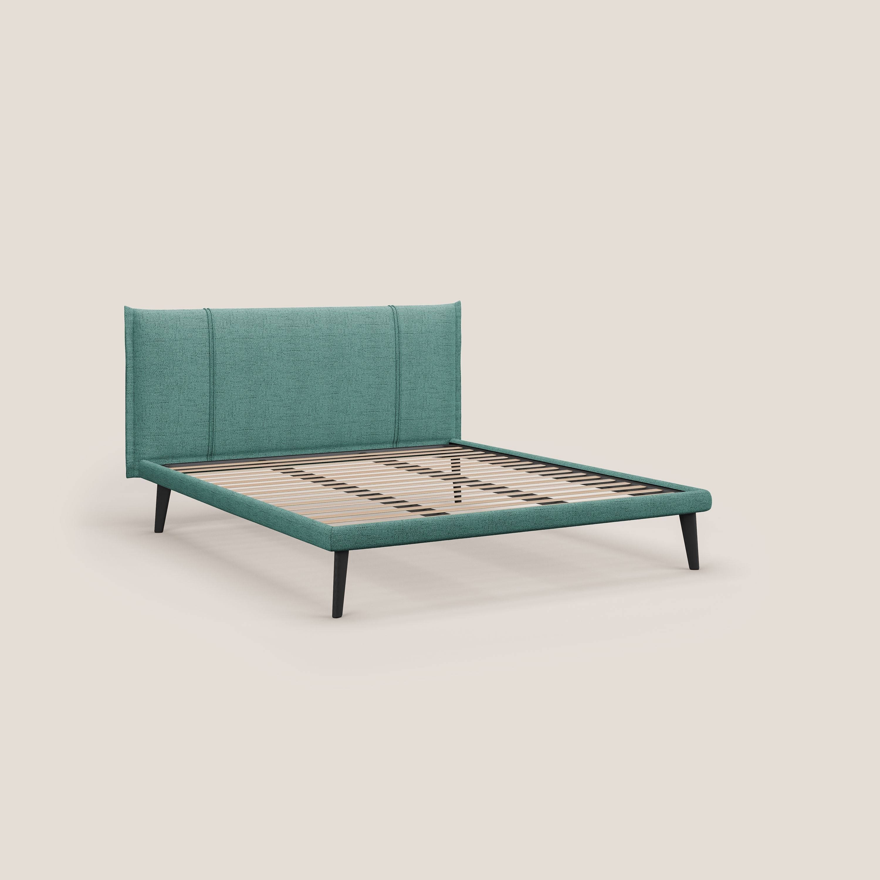 Klaus LETTO moderno con piedi in mogano e tessuto fiammato impermeabile T03 verde acqua - divani.store