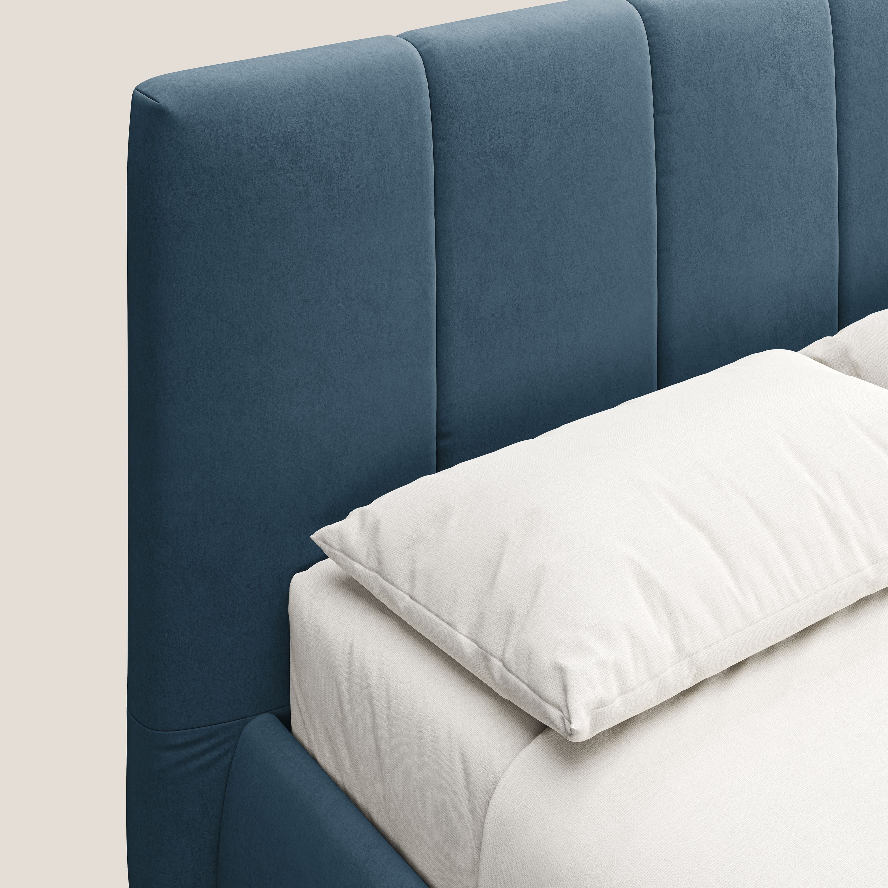 Laura letto imbottito contenitore e sfoderabile in microfibra velluto impermeabile T09 blu - divani.store