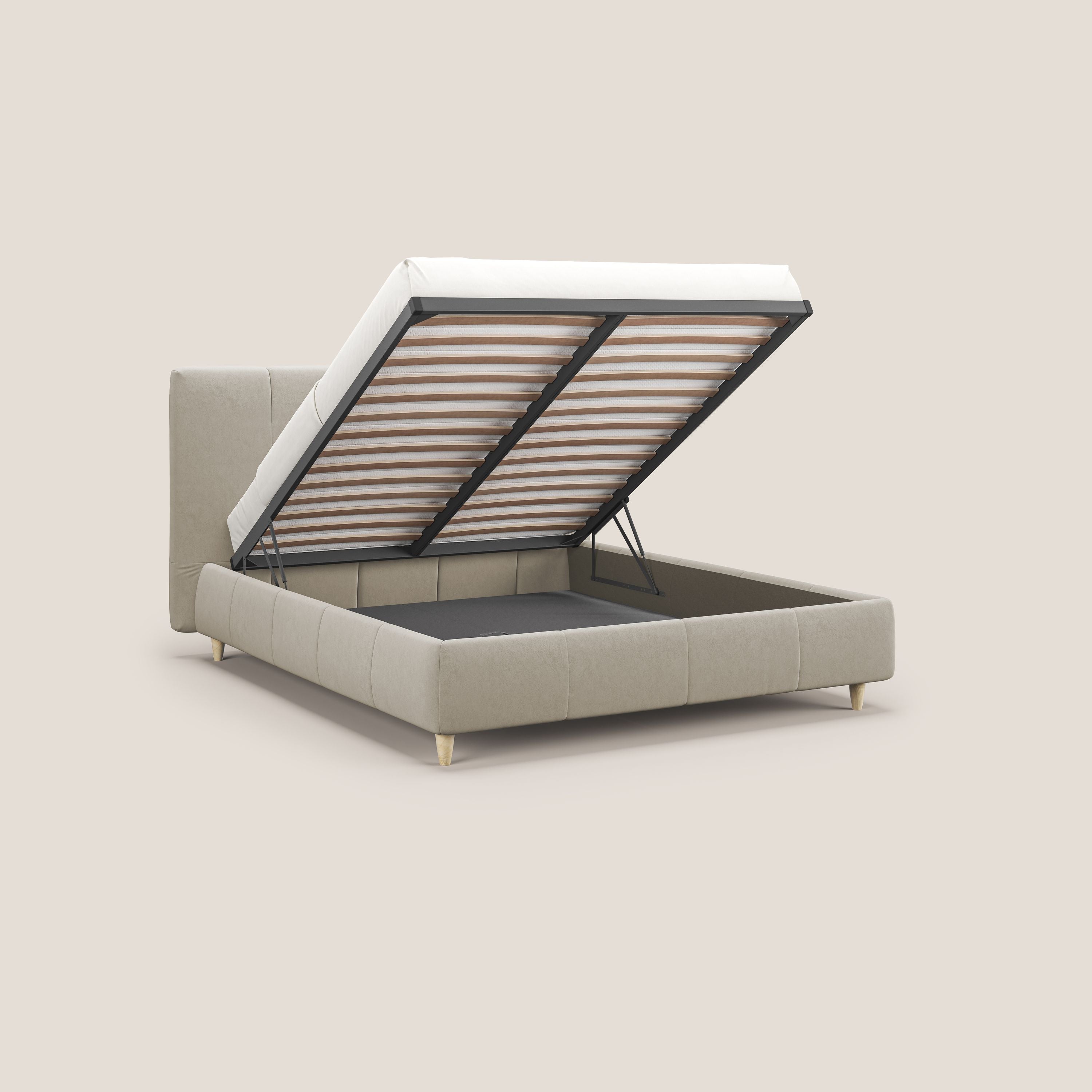 Laura letto imbottito contenitore e sfoderabile in microfibra velluto impermeabile T09 beige - divani.store