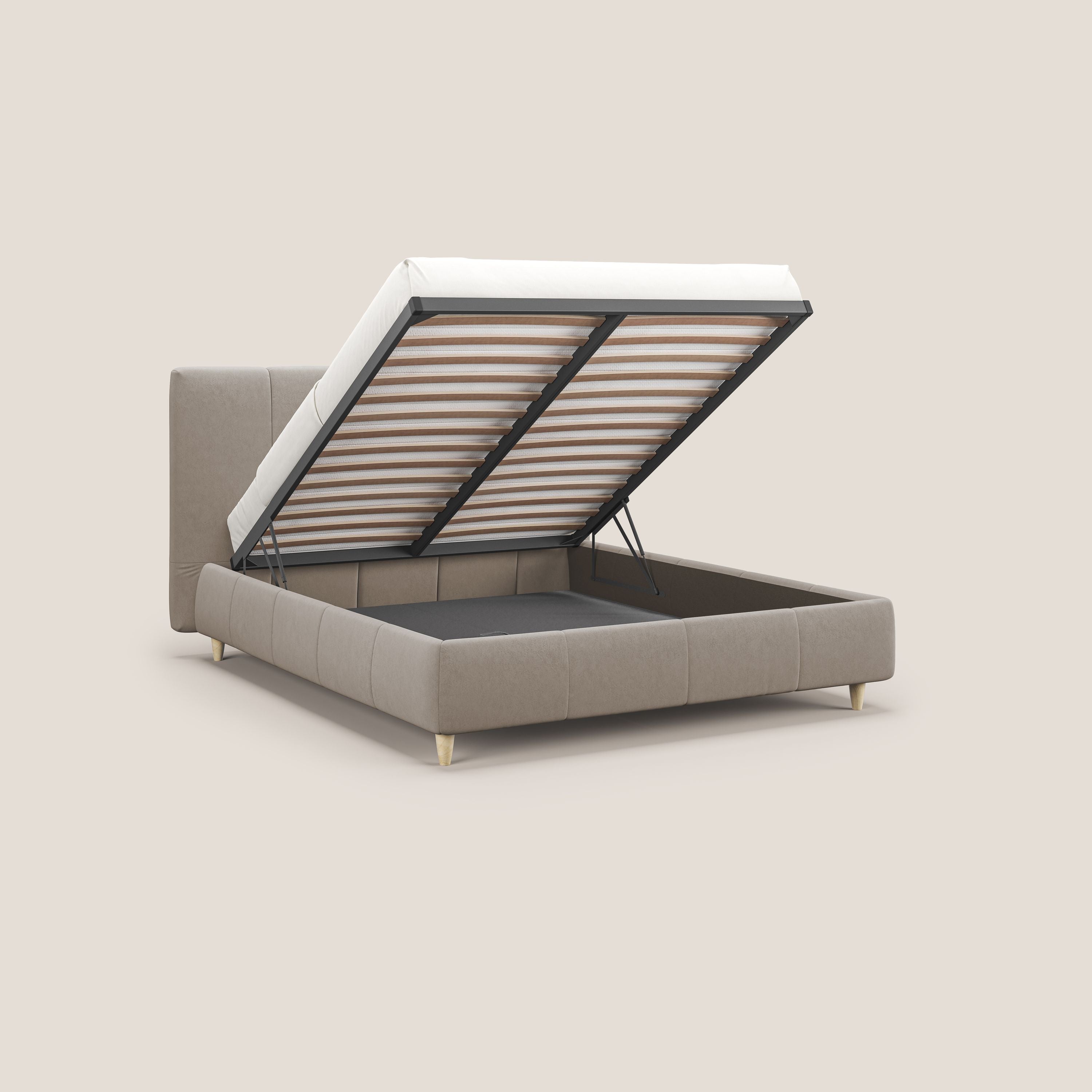 Laura letto imbottito contenitore e sfoderabile in microfibra velluto impermeabile T09 tortora - divani.store