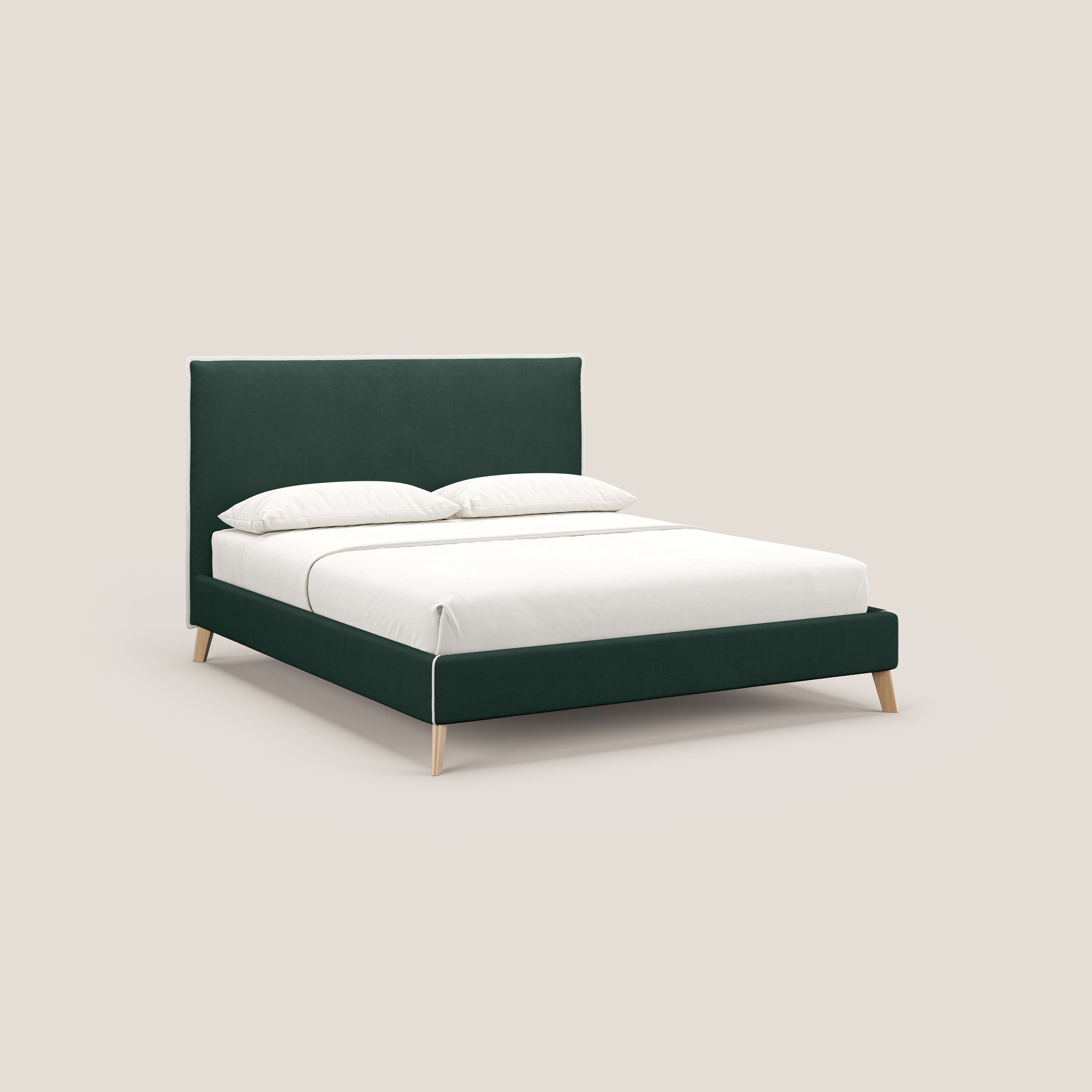 Leila letto imbottito con piedini legno in tessuto smacchiabile T17 verde - tortora - divani.store