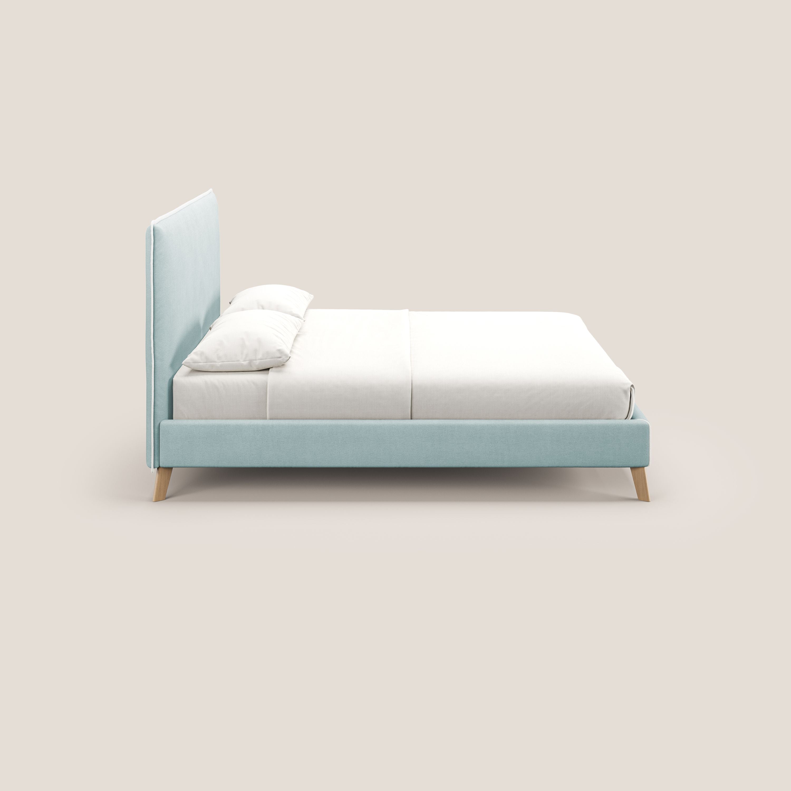 Leila letto imbottito con piedini legno in tessuto smacchiabile T17 verde acqua - bianco - divani.store