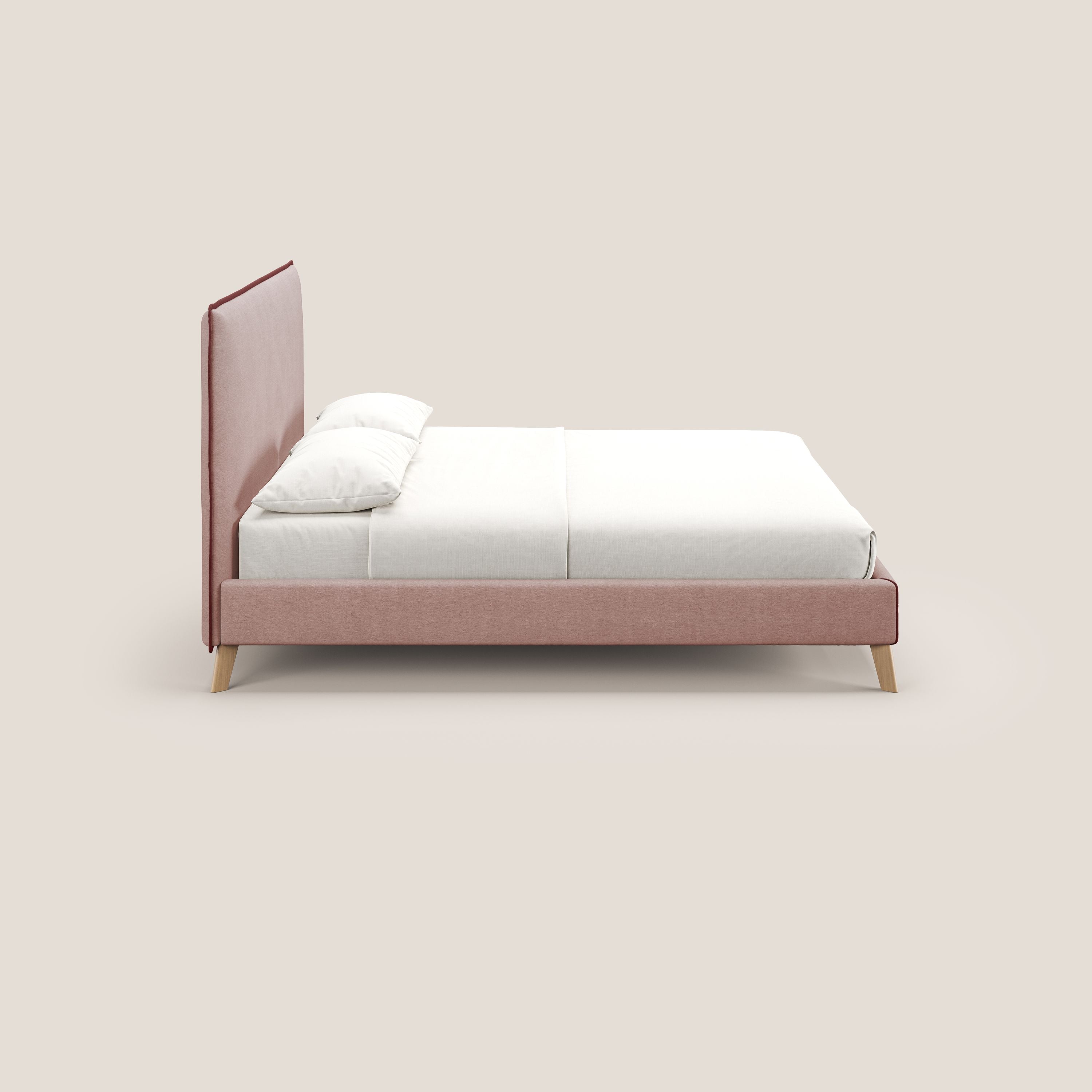 Leila letto imbottito con piedini legno in tessuto smacchiabile T17 rosa - rosso - divani.store