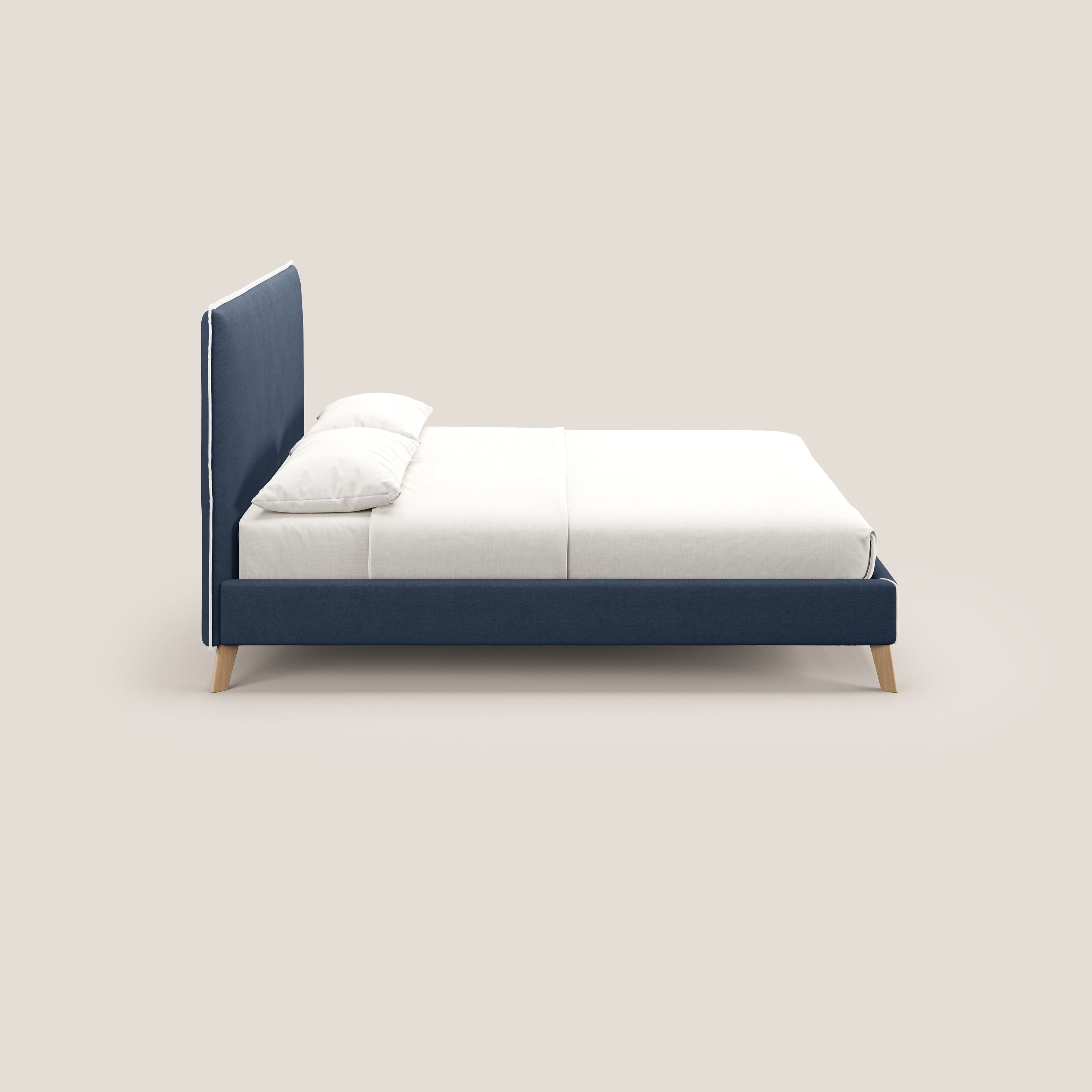 Leila letto imbottito con piedini legno in tessuto smacchiabile T17 blu - bianco - divani.store