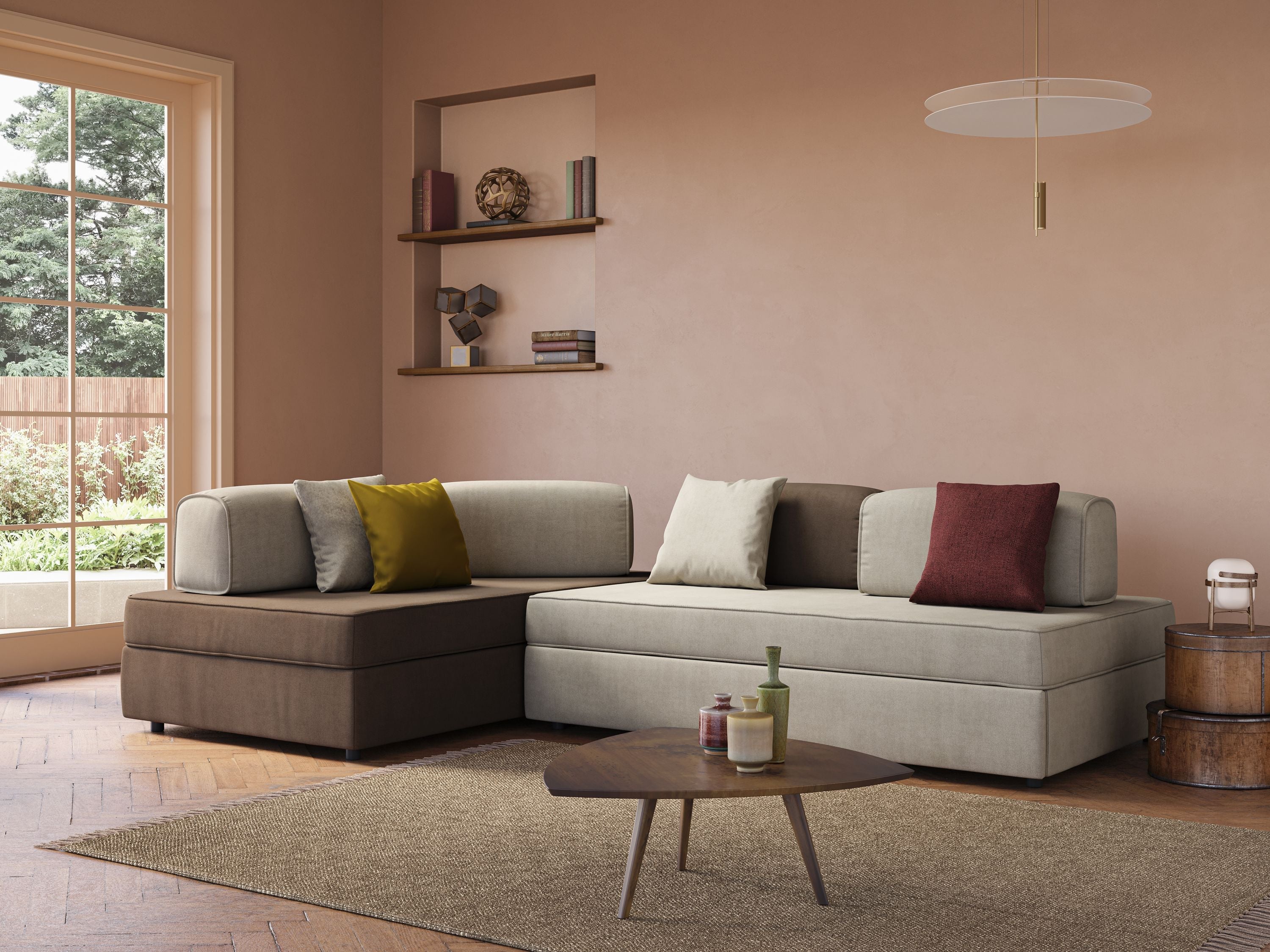 Liberty divano angolare con pouf estraibile e schienali movibili in tessuto morbido impermeabile T02 beige - divani.store
