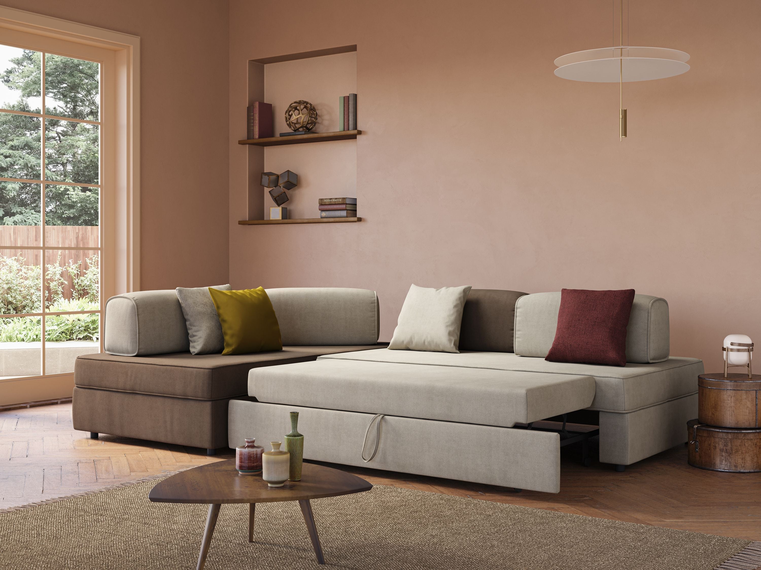 Liberty divano angolare con pouf estraibile e schienali movibili in tessuto morbido impermeabile T02 beige - divani.store