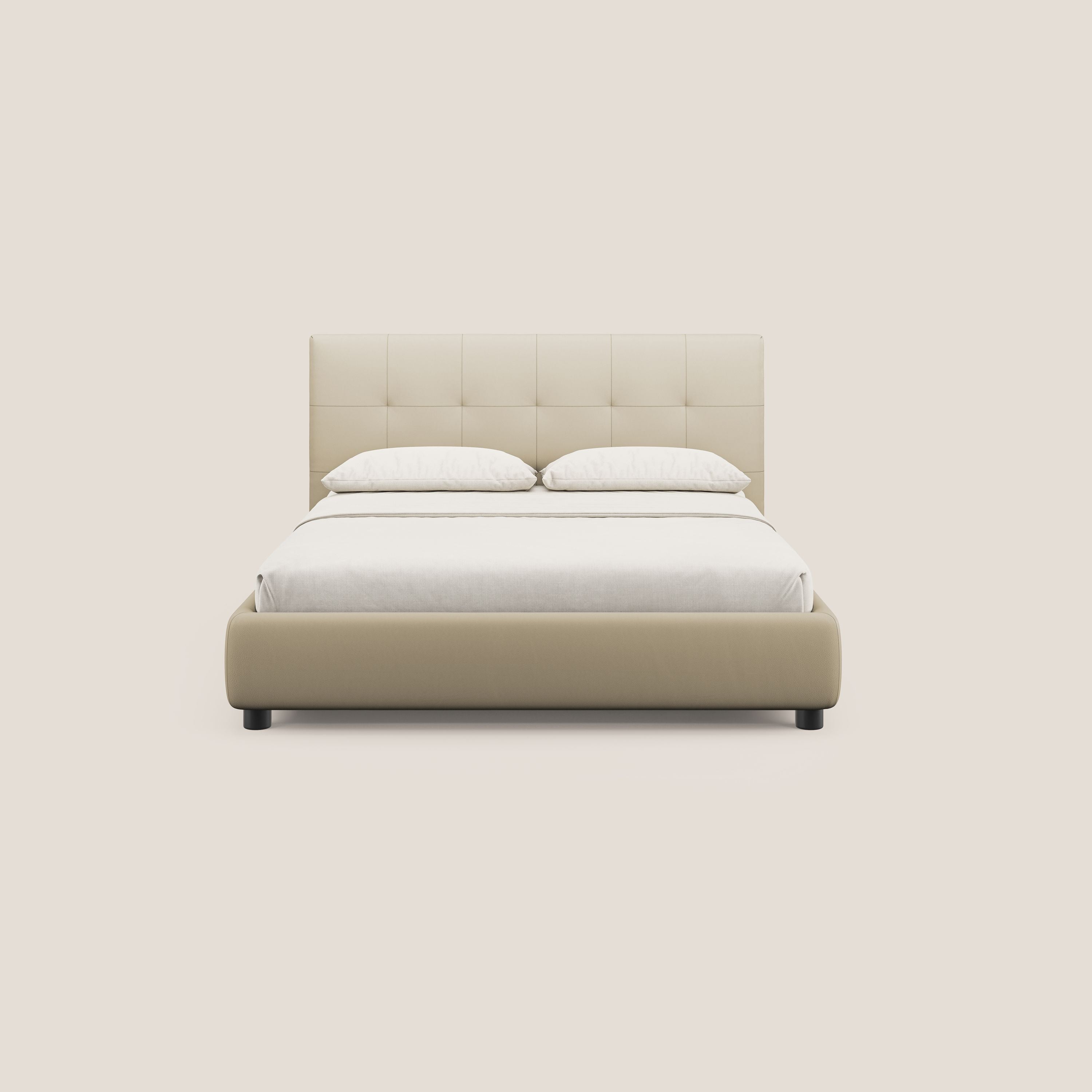 Minato letto imbottito contenitore con testata trapuntata in ecopelle impermeabile T04 panna - divani.store