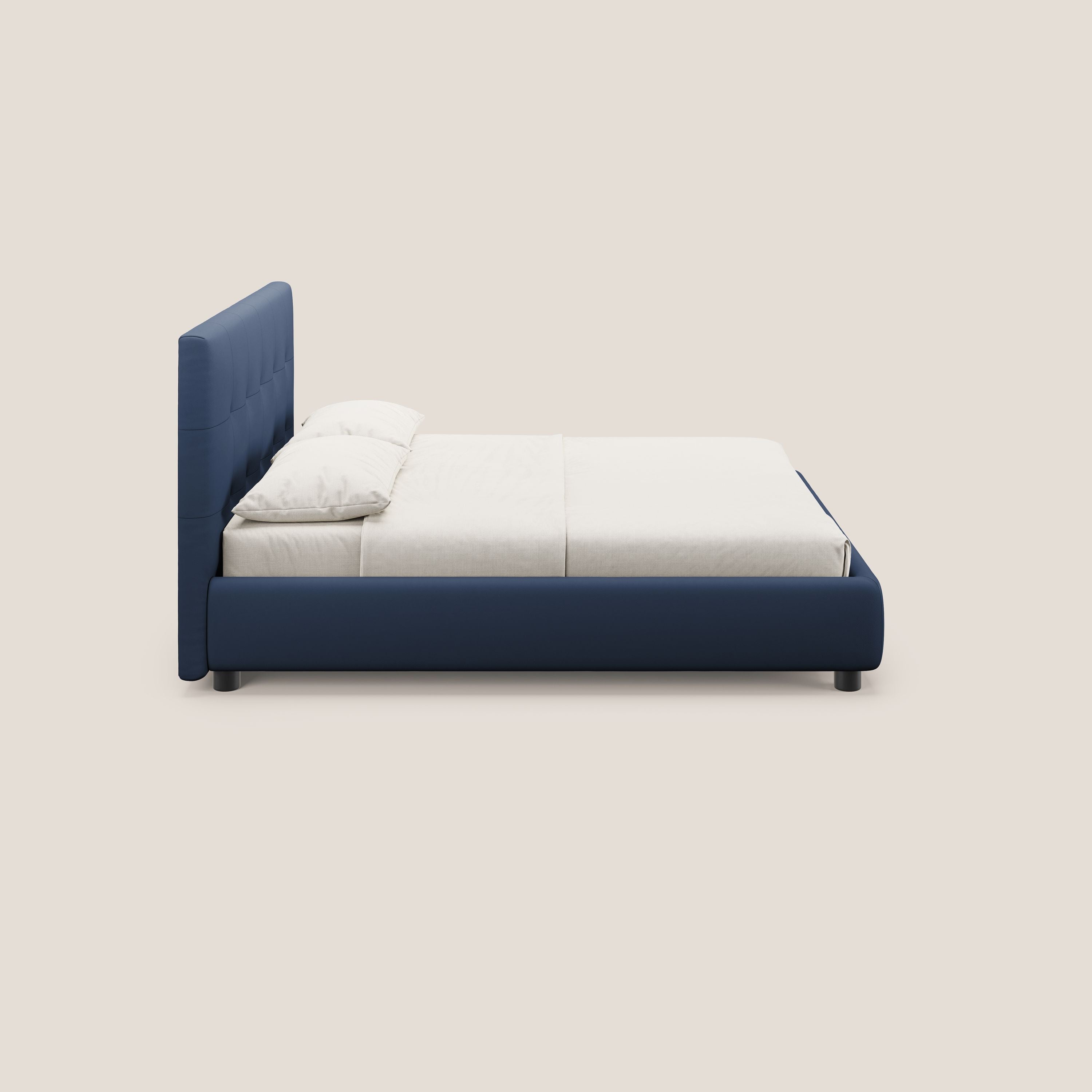 Minato letto imbottito contenitore con testata trapuntata in ecopelle impermeabile T04 blu - divani.store