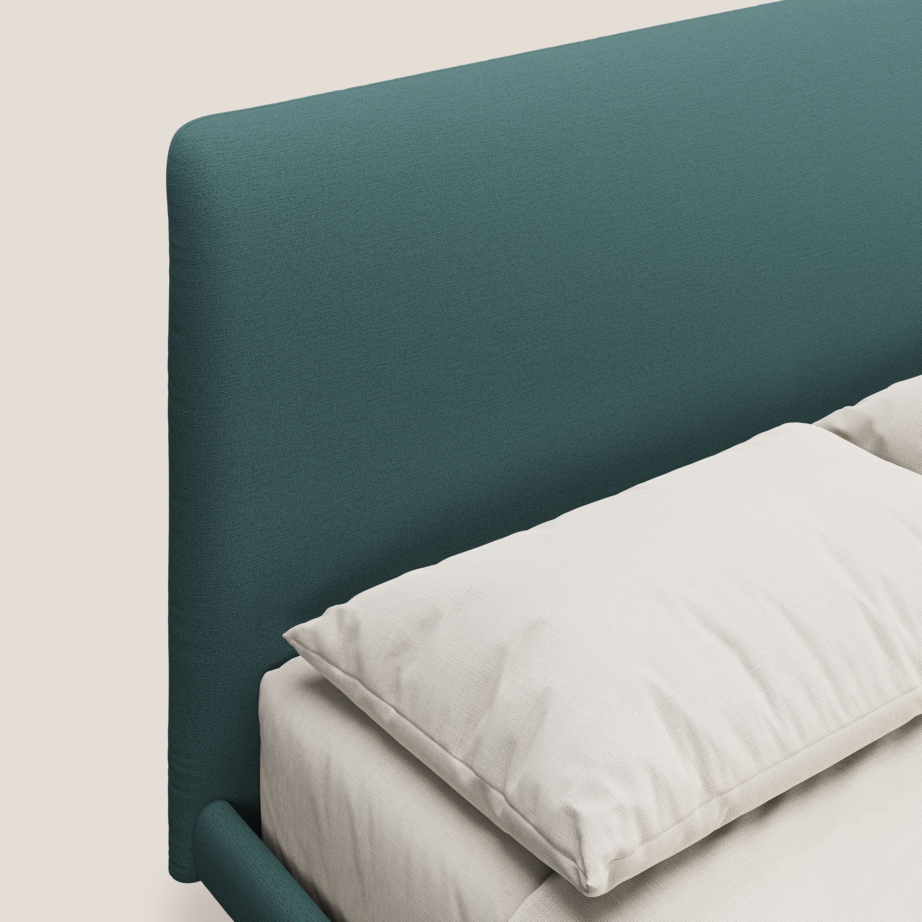 Noel letto minimal scandinavo con piedi in mogano e tessuto fiammato impermeabile T19 petrolio - divani.store