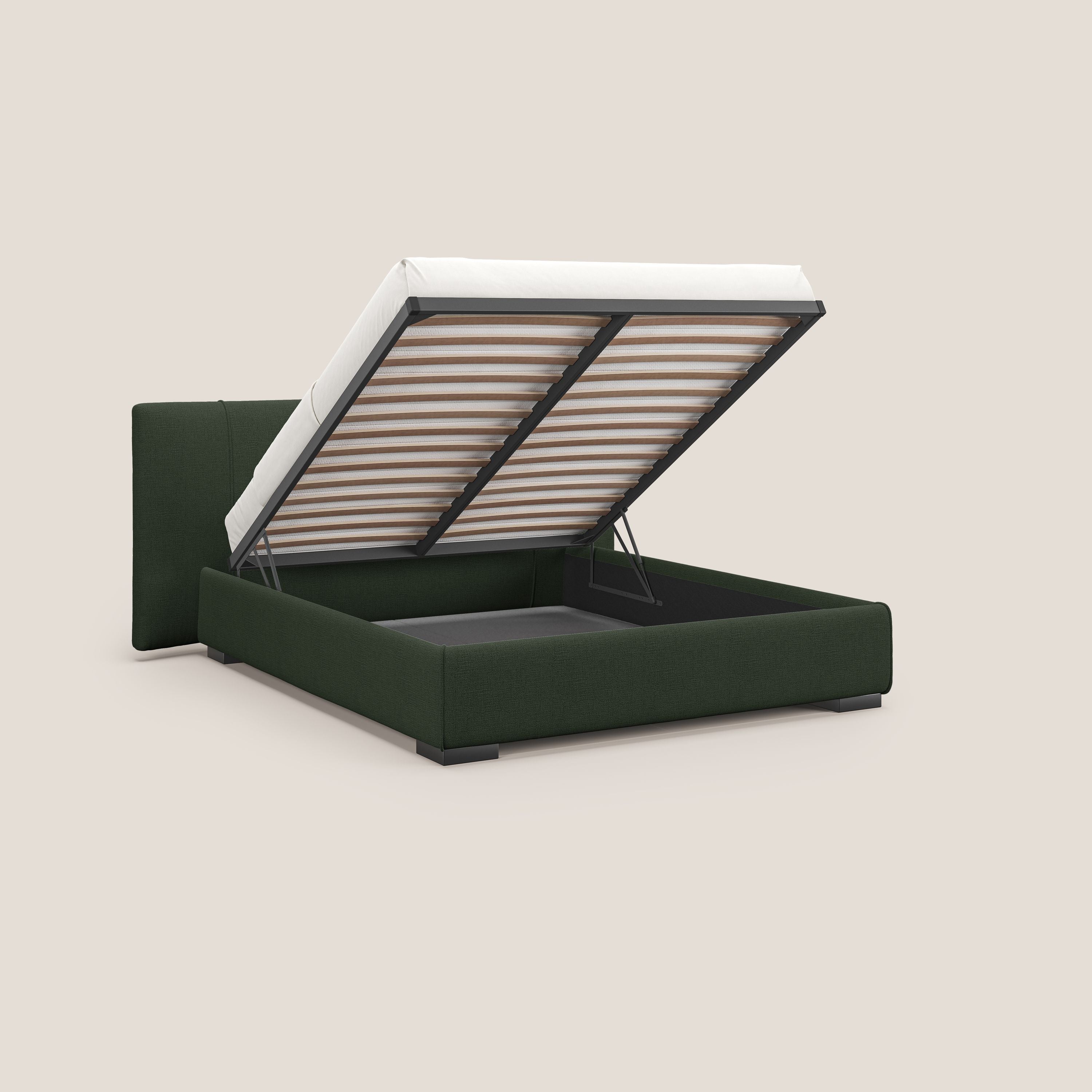 Omero letto imbottito contenitore sfoderabile in tessuto fiammato impermeabile T14 verde - divani.store