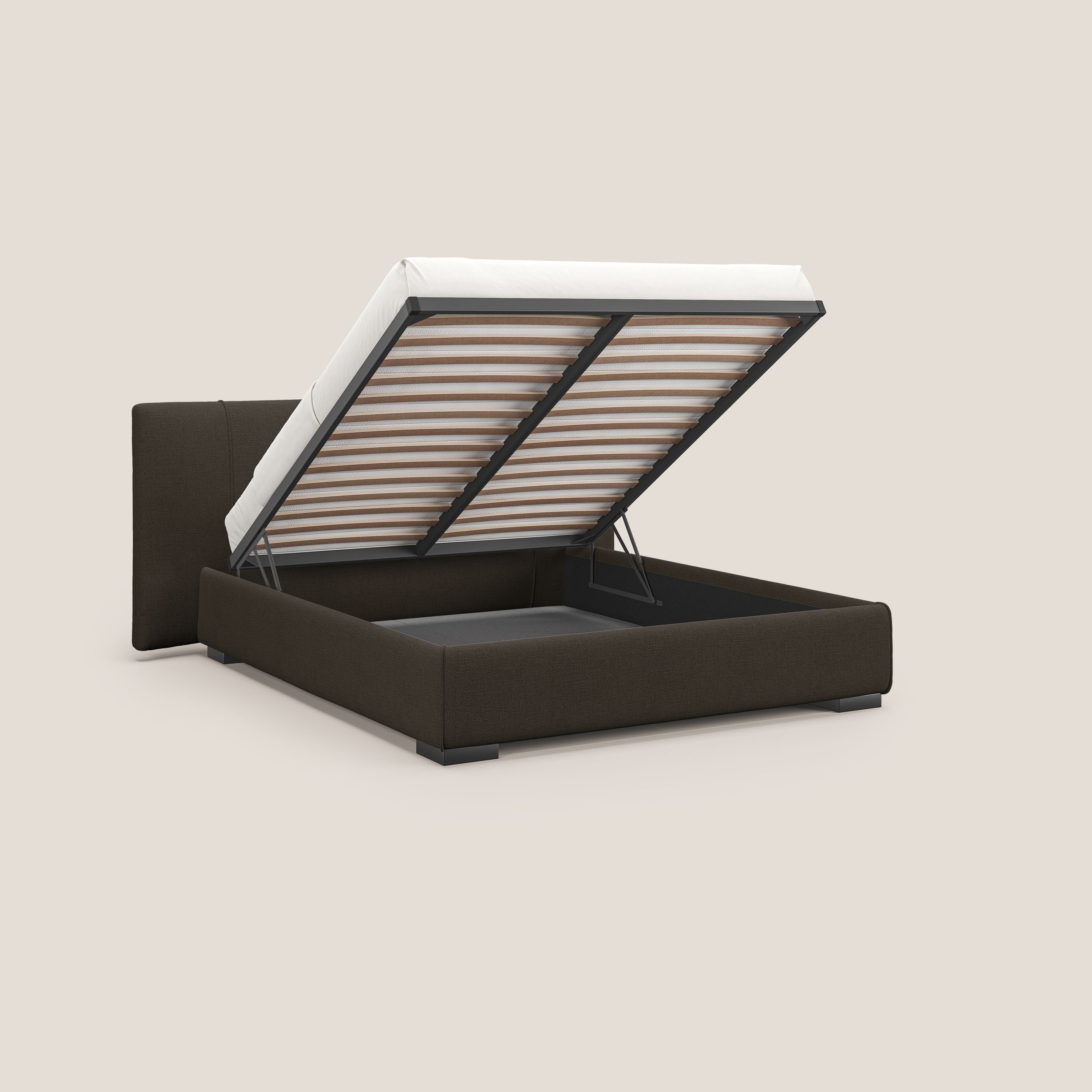 Omero letto imbottito contenitore sfoderabile in tessuto fiammato impermeabile T14 marrone - divani.store