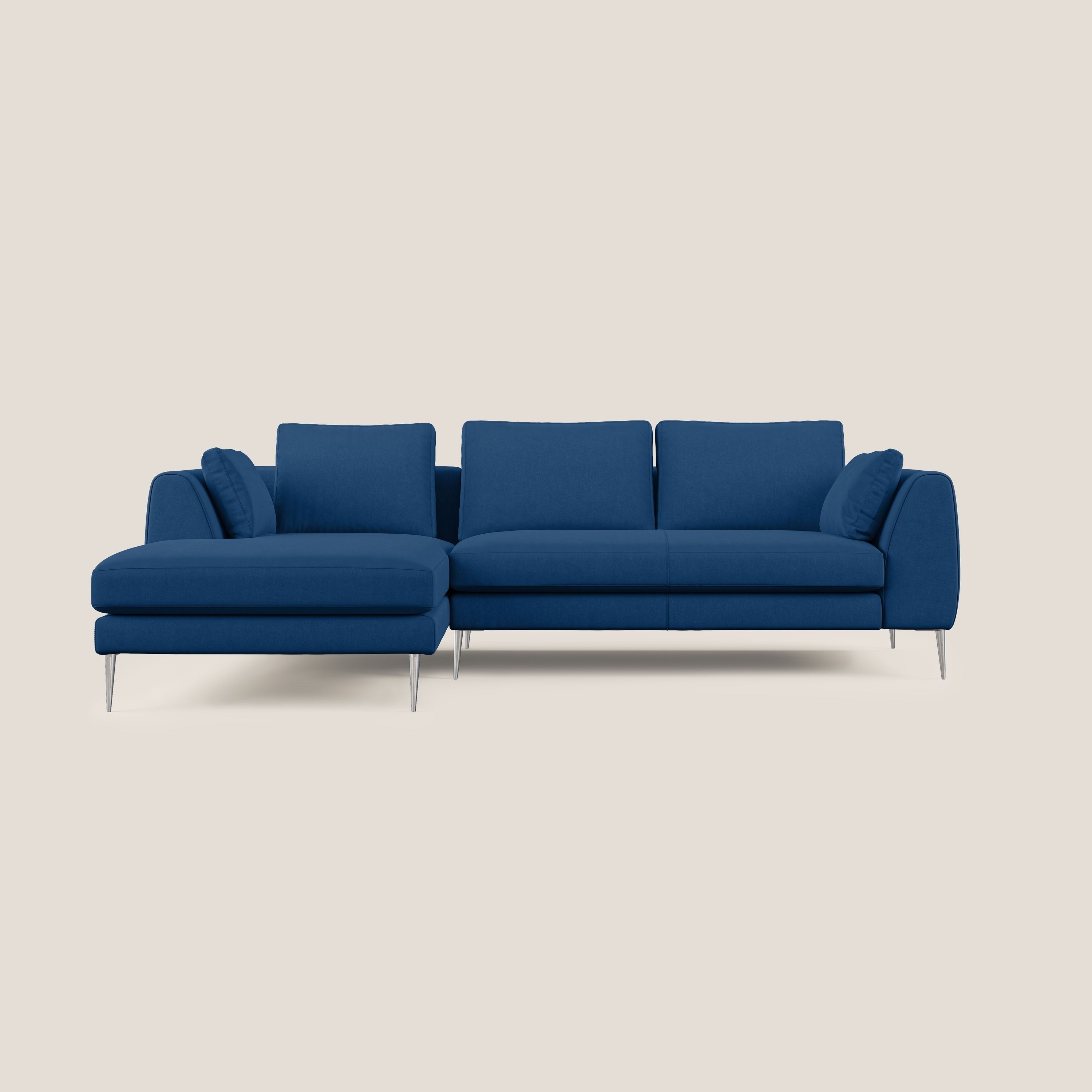 Plano divano moderno angolare con penisola in microfibra smacchiabile T11 blu - divani.store