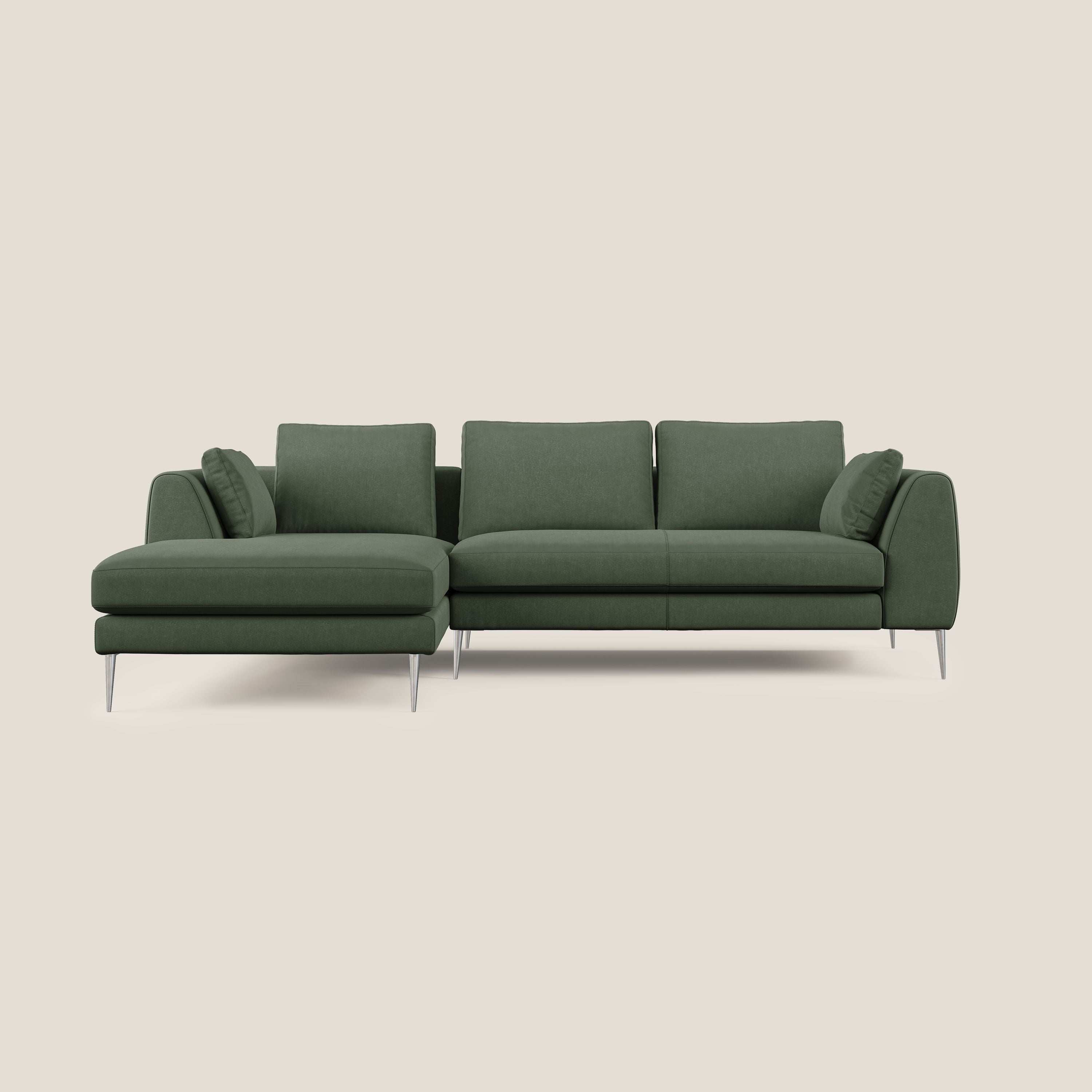 Plano divano moderno angolare con penisola in microfibra smacchiabile T11 verde - divani.store