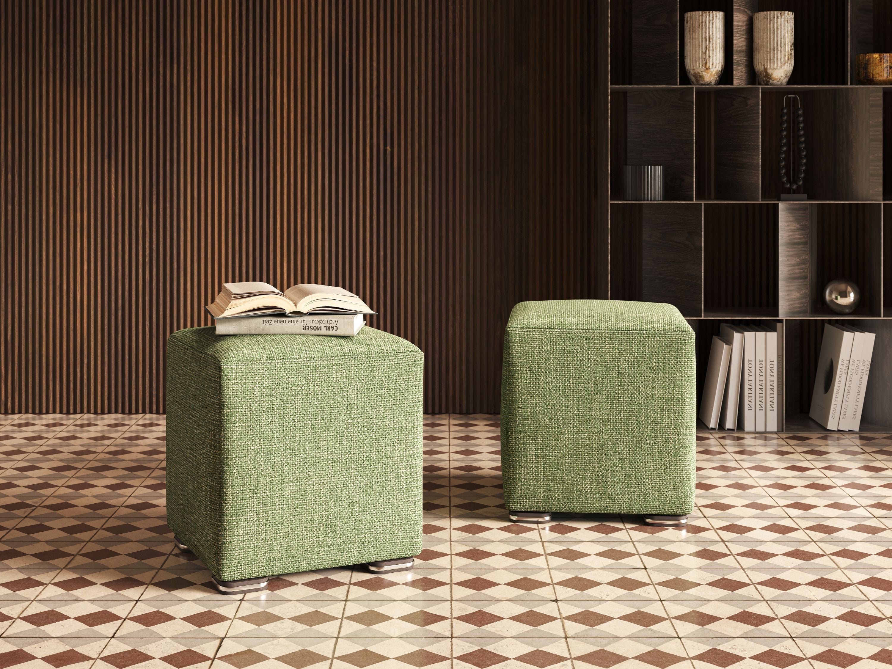 Cube pouf in morbido tessuto impermeabile ad intreccio melangiato T06 azzurro - divani.store