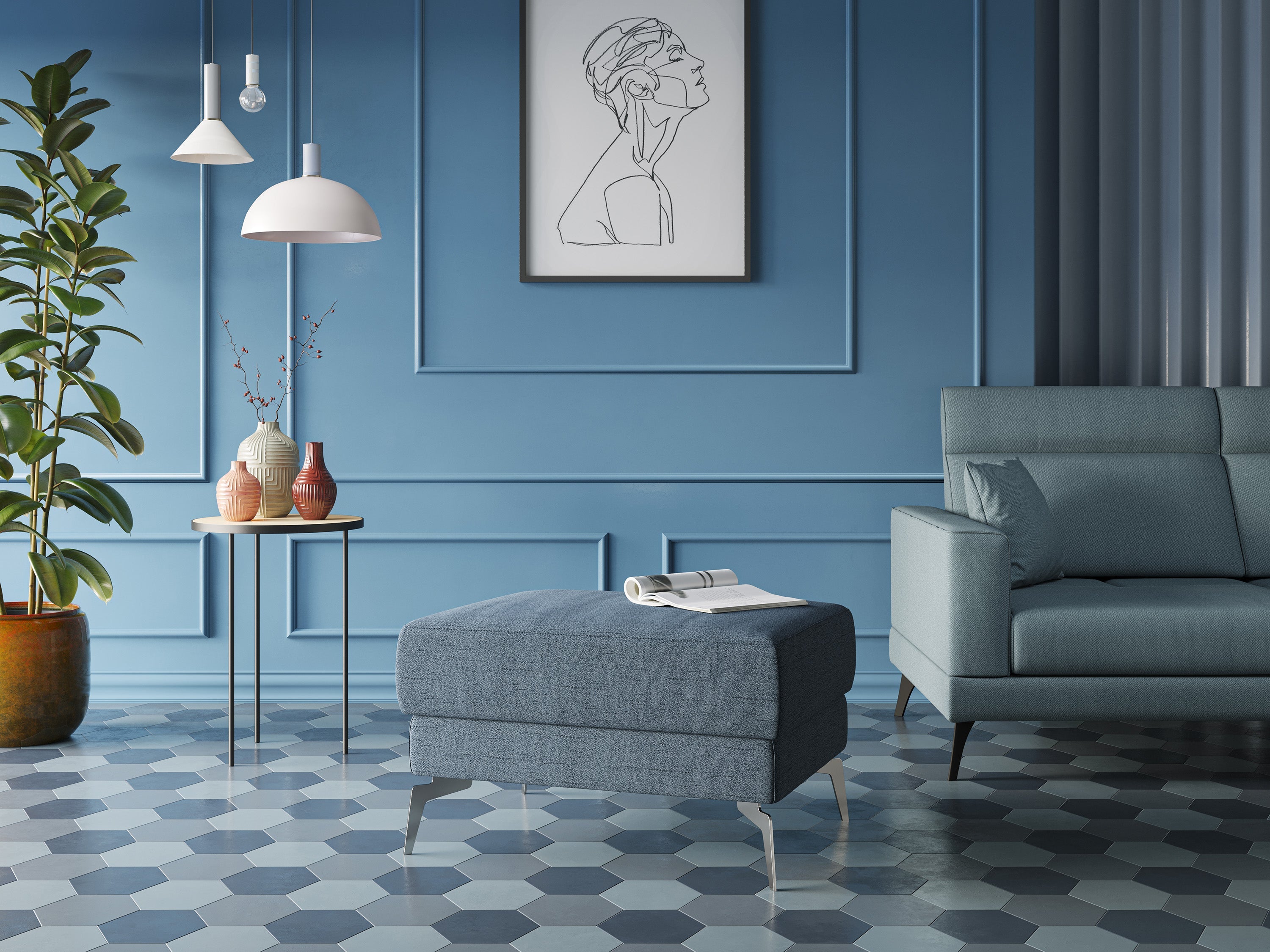 Star Pouf con piedini alti in tessuto impermeabile fiammato T03 blu - divani.store