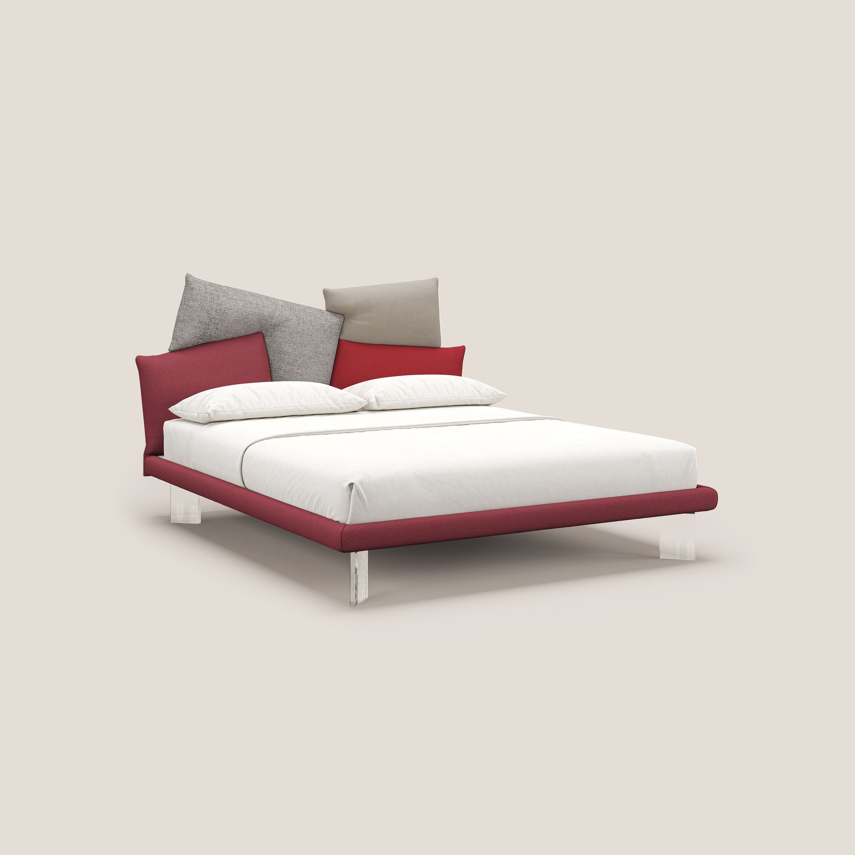 Rebus letto imbottito dal design moderno con piedi trasparenti in plexiglass rosso - divani.store