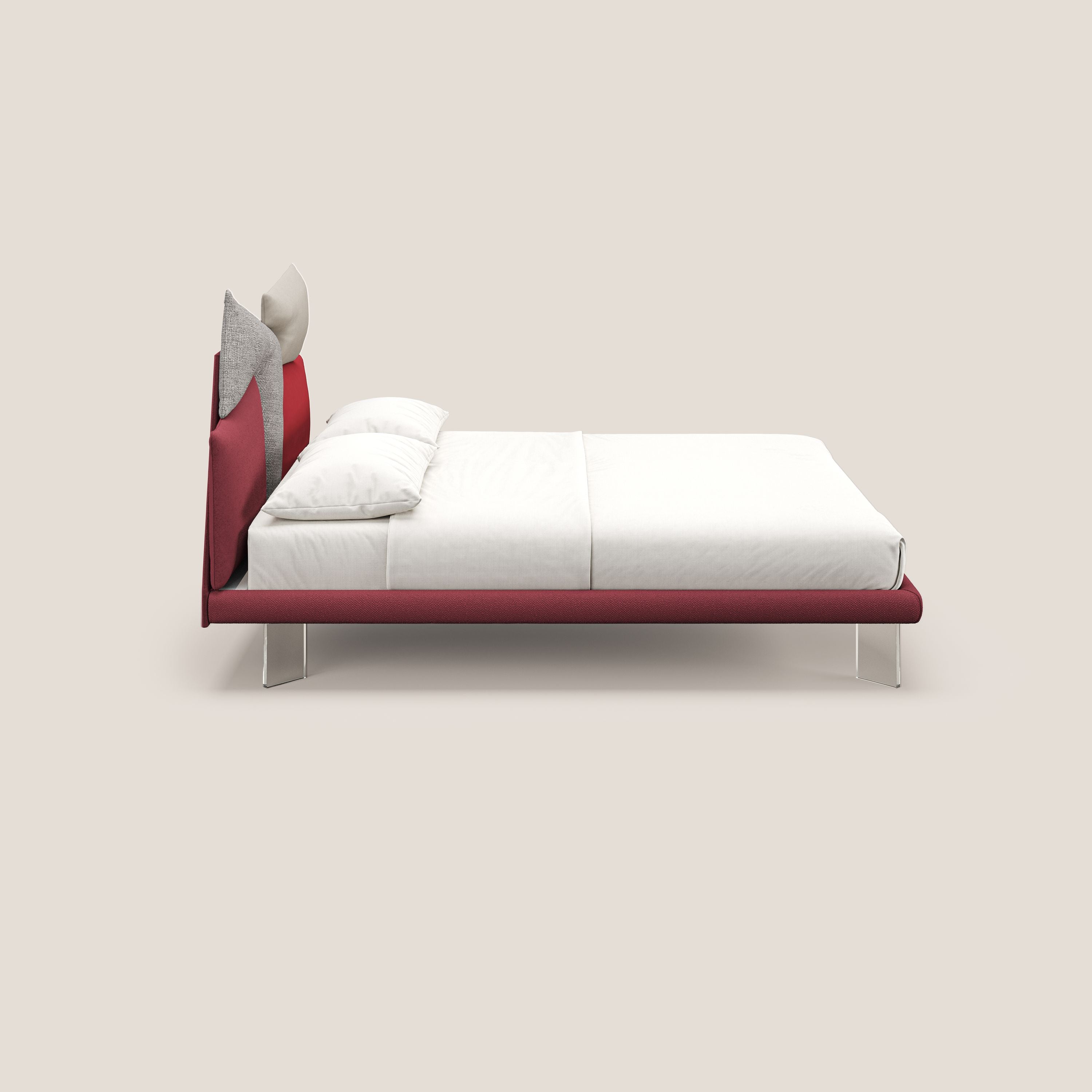 Rebus letto imbottito dal design moderno con piedi trasparenti in plexiglass rosso - divani.store