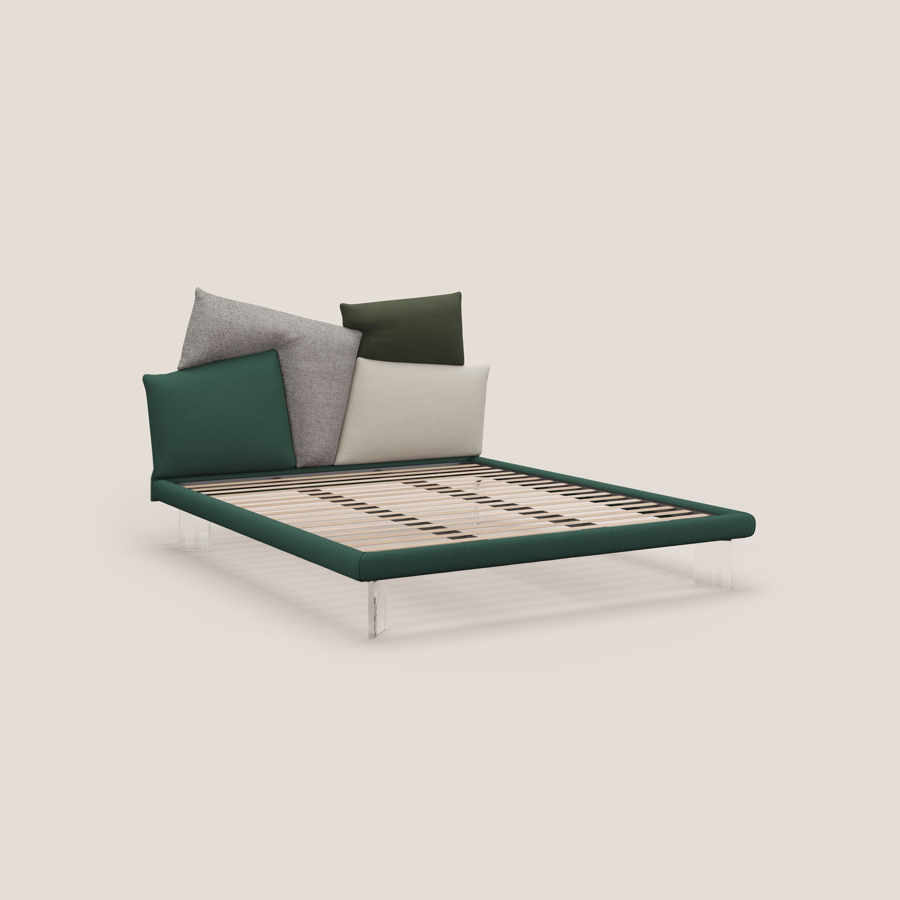 Rebus letto imbottito dal design moderno con piedi trasparenti in plexiglass verde - divani.store