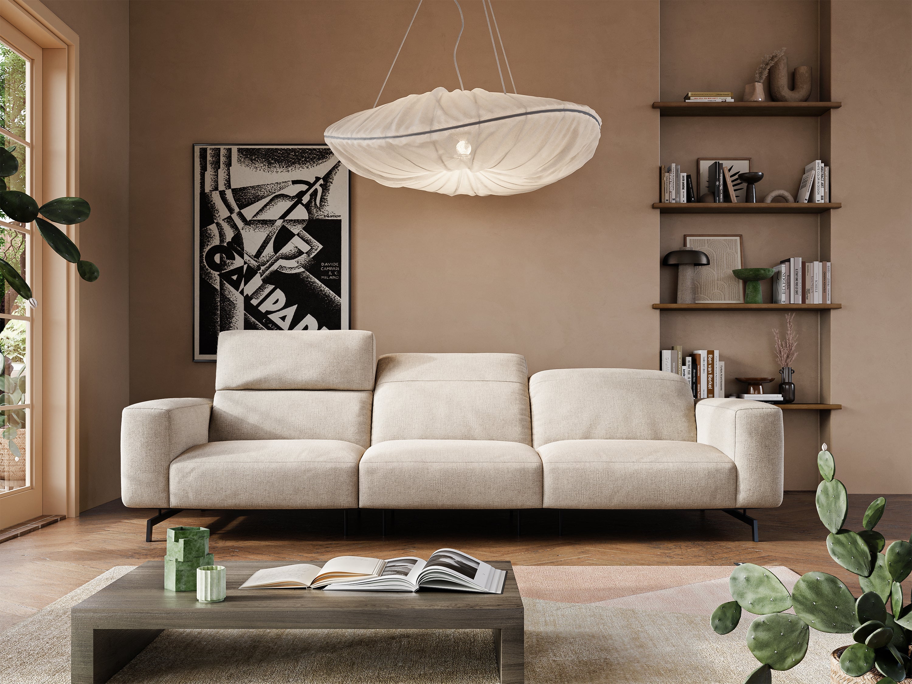 Sakura divano in piuma d'oca modulare a 3 sedute in morbido tessuto fiammato impermeabile T14 panna - divani.store