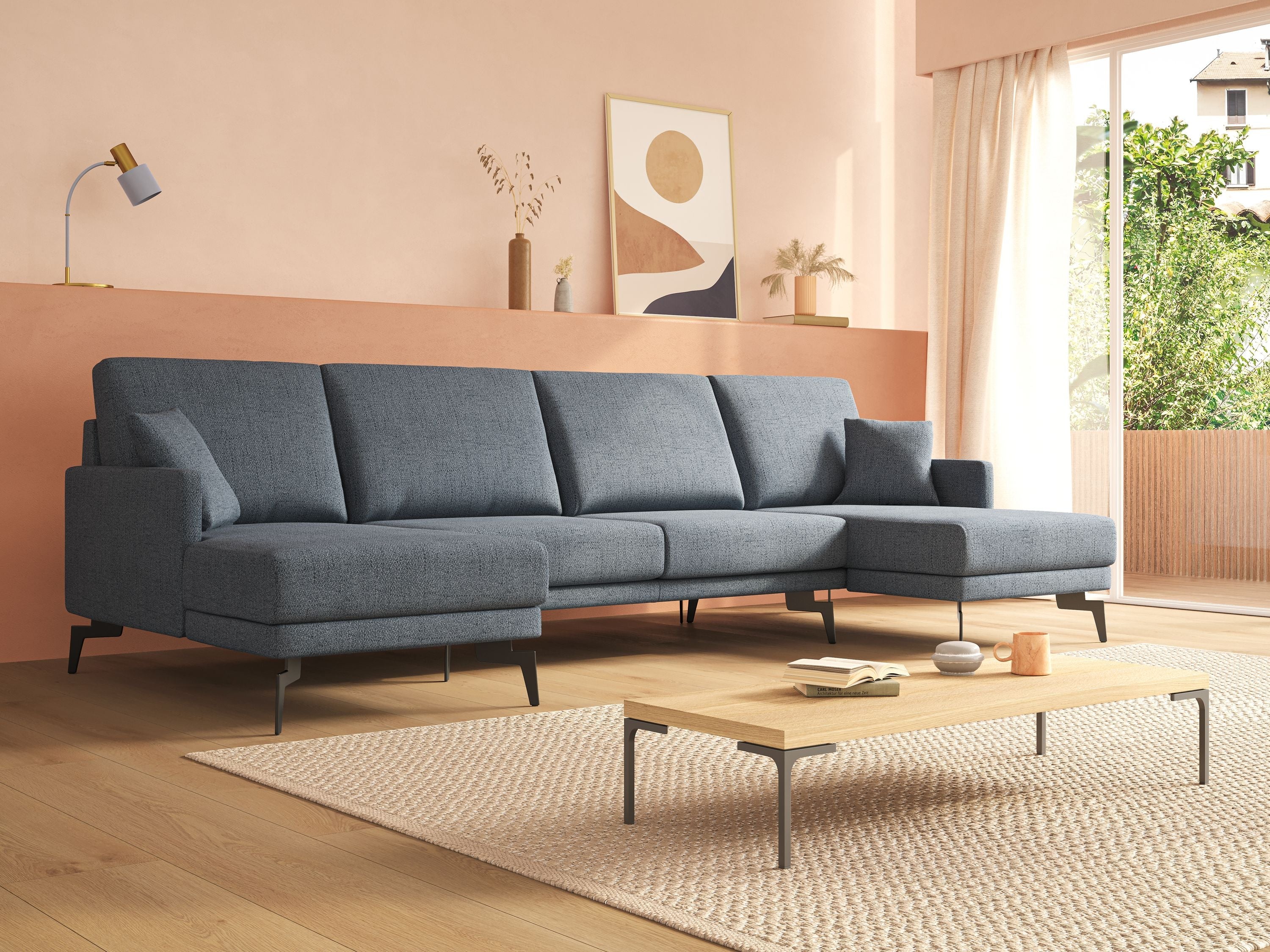 Saturno divano panoramico moderno in tessuto morbido impermeabile T03 grigio chiaro - divani.store