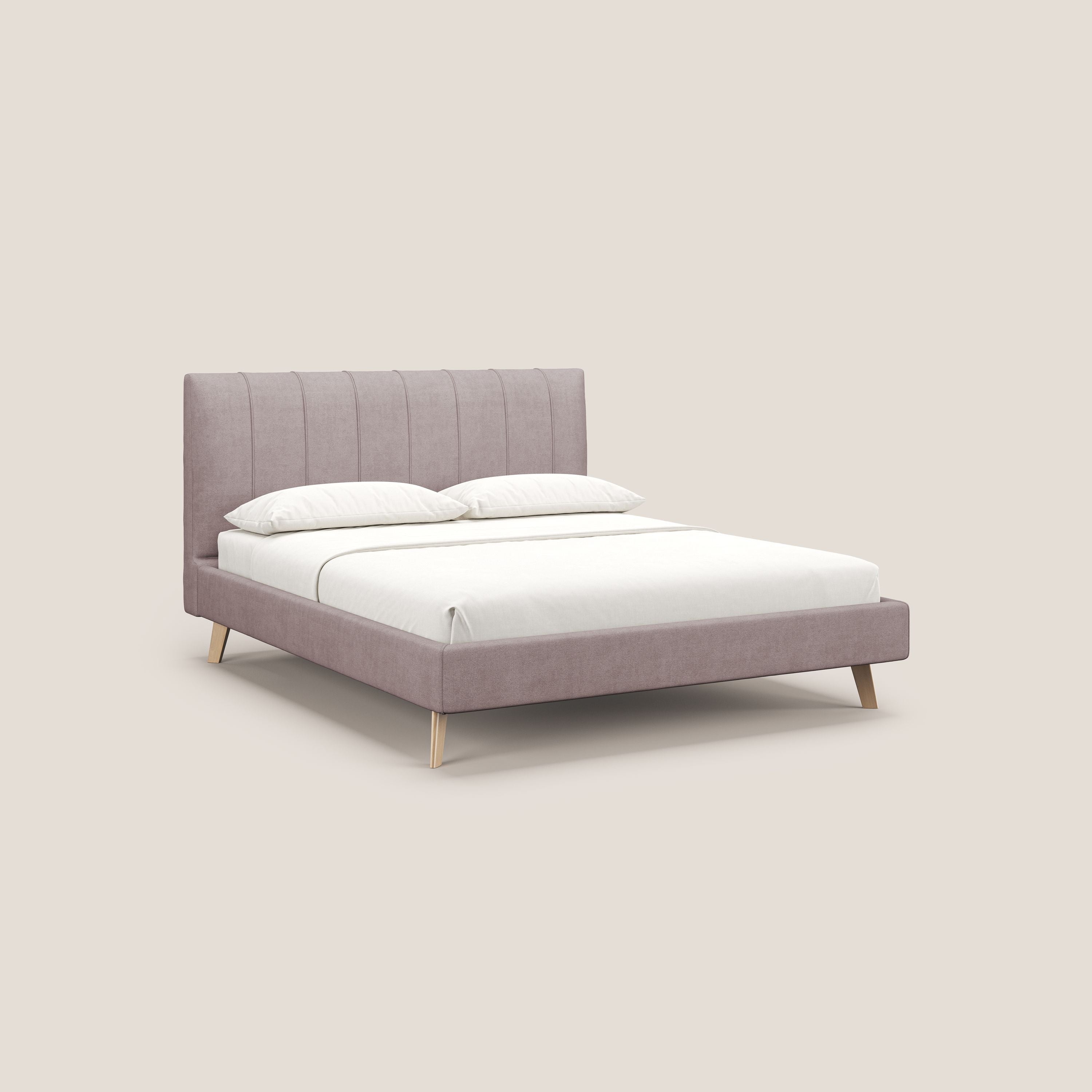 Selene letto imbottito con piedini naturali sfoderabile in tessuto impermeabile T02 rosa - divani.store