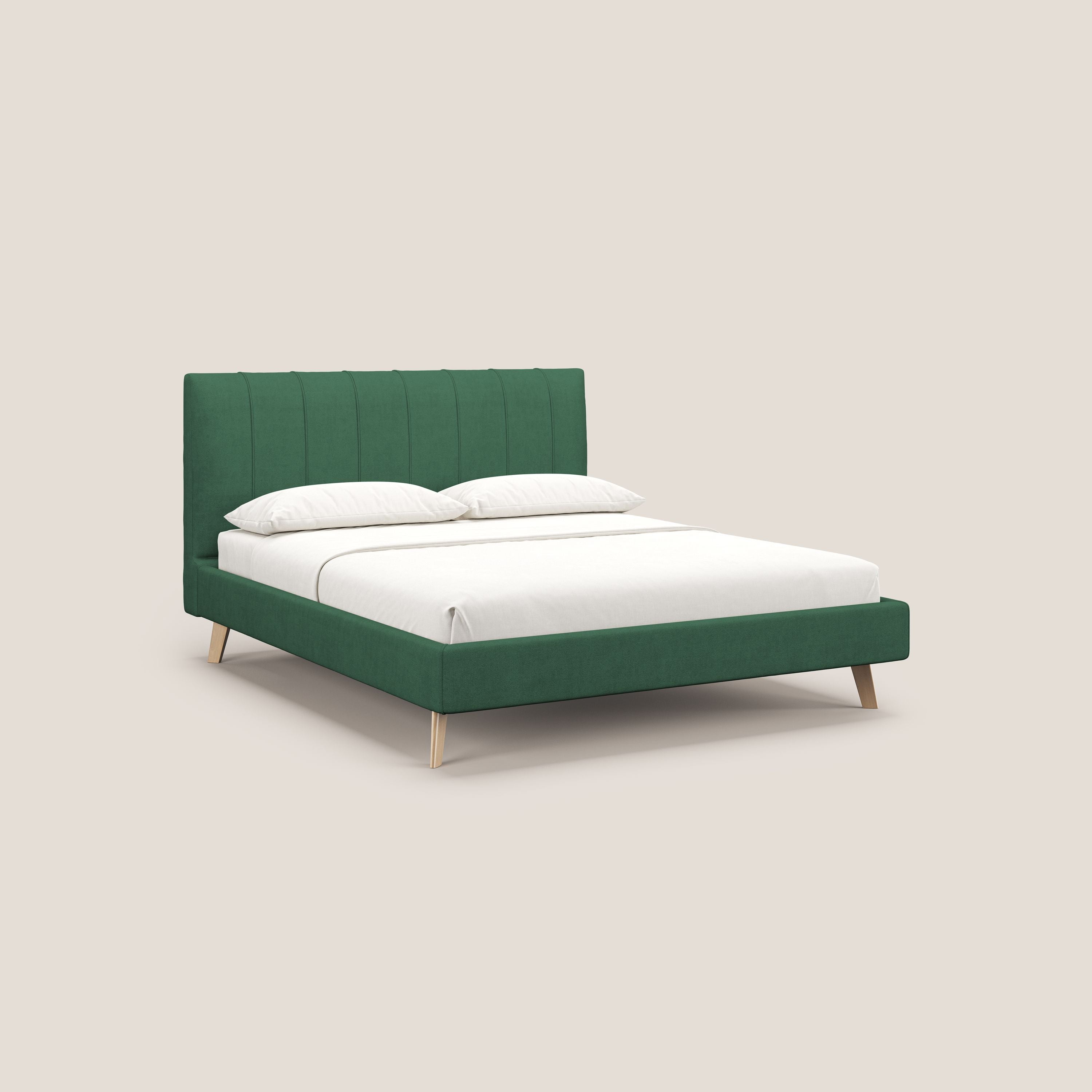 Selene letto imbottito con piedini naturali sfoderabile in tessuto impermeabile T02 verde - divani.store